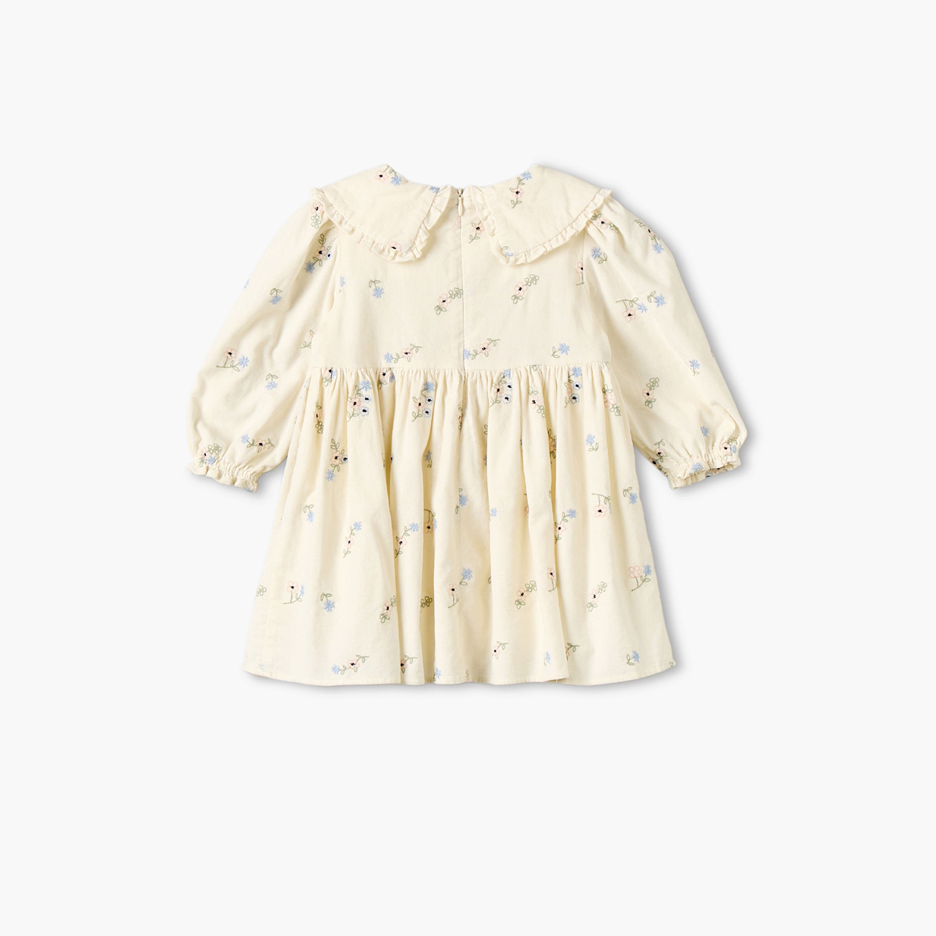 Giggles Peter Pan Collar Long Sleeves Knee Length Dress with Floral Embroidery-baby-girls-clothing-dressesandjumpsuits-image-2