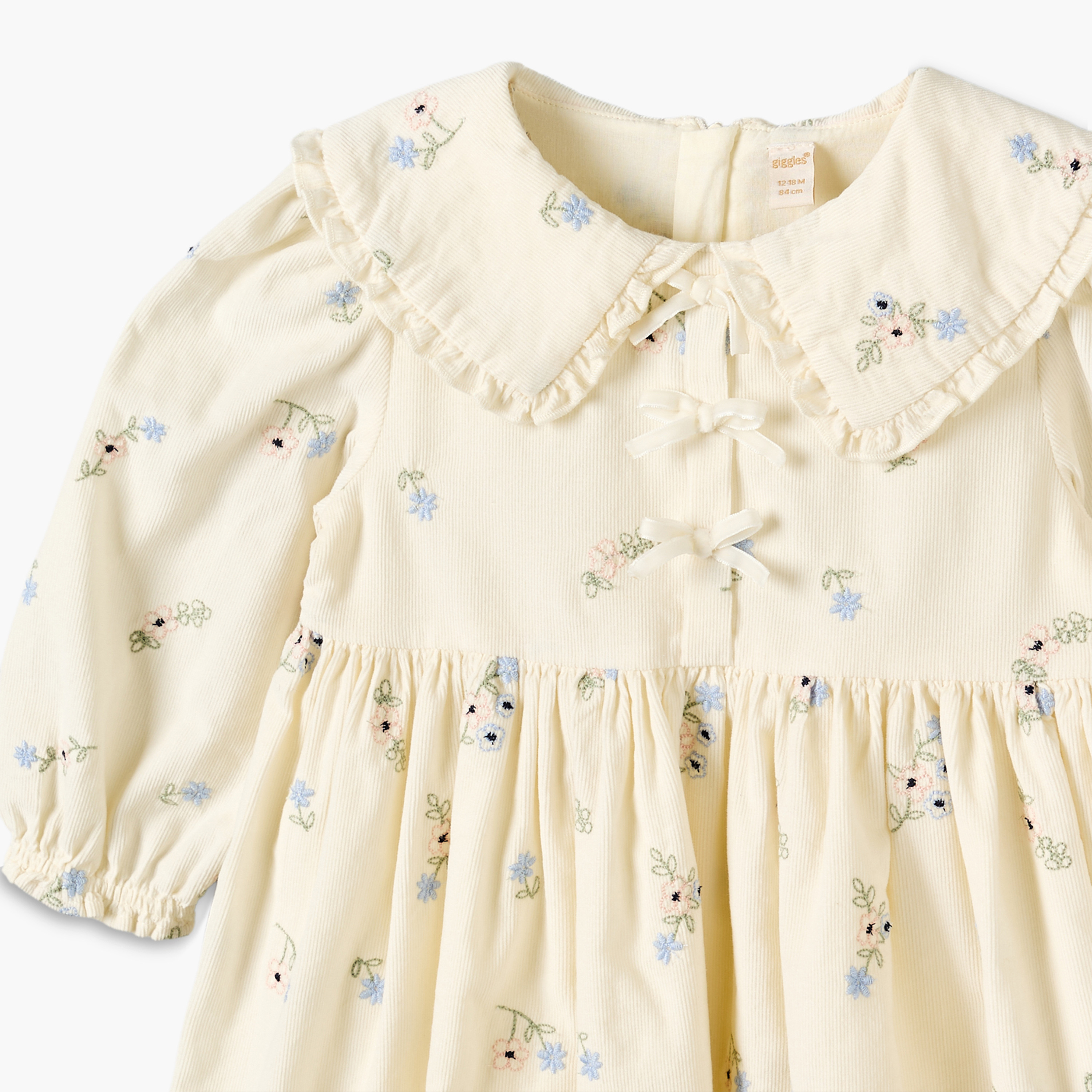 Giggles Peter Pan Collar Long Sleeves Knee Length Dress with Floral Embroidery-baby-girls-clothing-dressesandjumpsuits-image-3