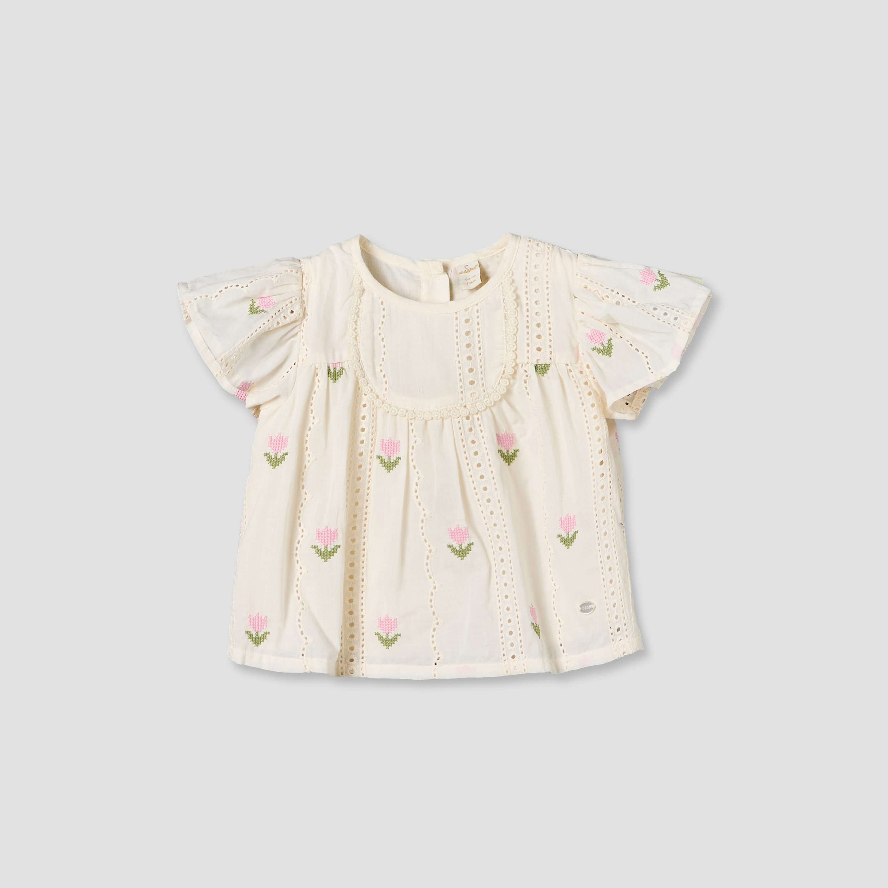 طقم بنطلون وبلوزة برقبة مستديرة وأكمام قصيرة وتطريز زهري من جيجلز-baby-girls-clothing-setsandcoords-image-2