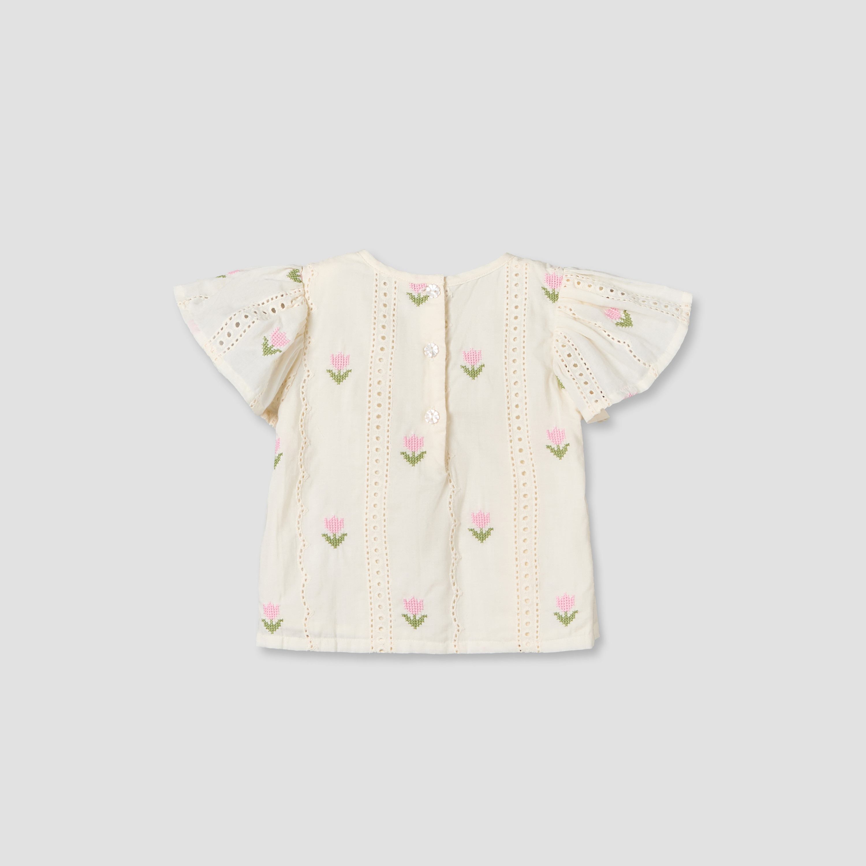 طقم بنطلون وبلوزة برقبة مستديرة وأكمام قصيرة وتطريز زهري من جيجلز-baby-girls-clothing-setsandcoords-image-4