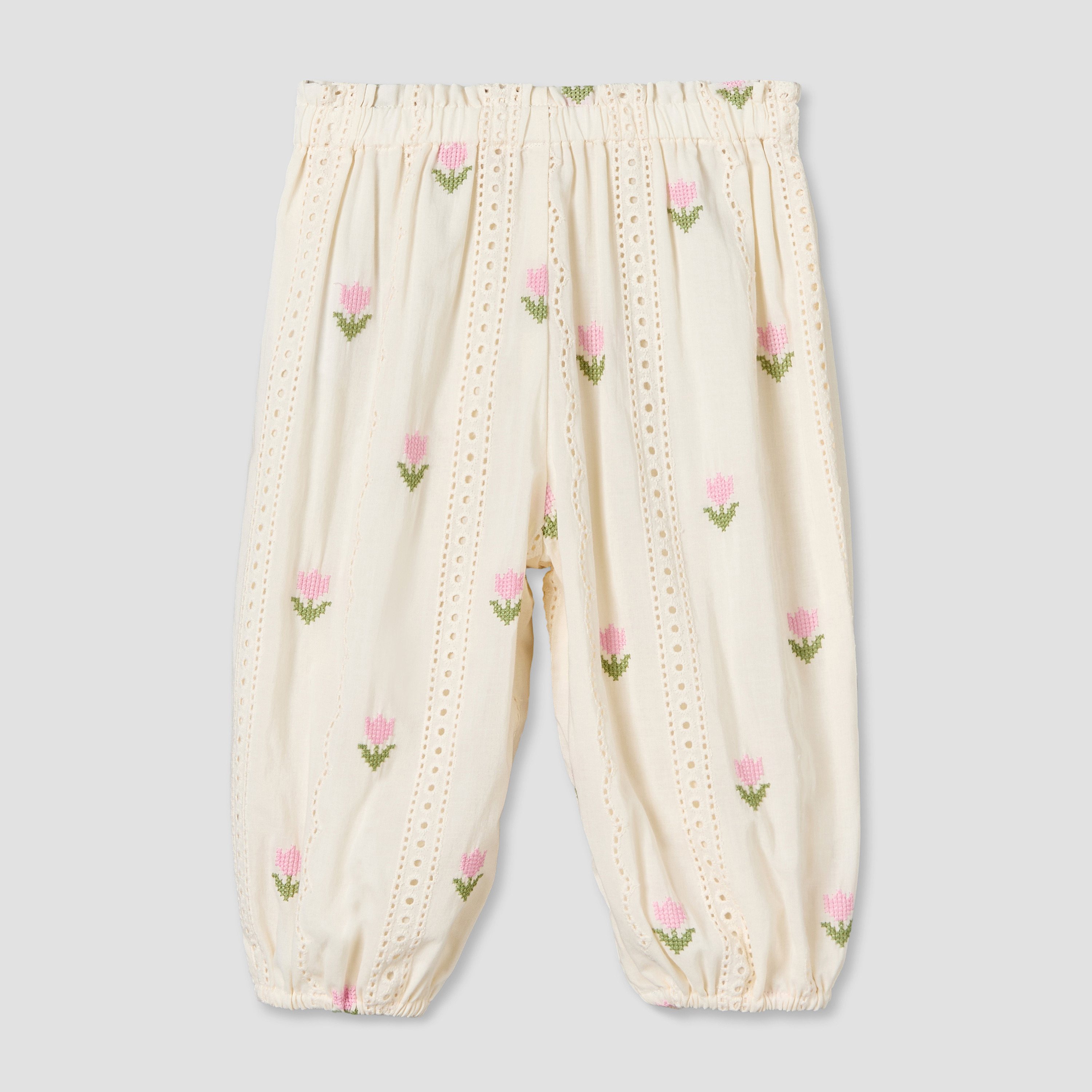 طقم بنطلون وبلوزة برقبة مستديرة وأكمام قصيرة وتطريز زهري من جيجلز-baby-girls-clothing-setsandcoords-image-5