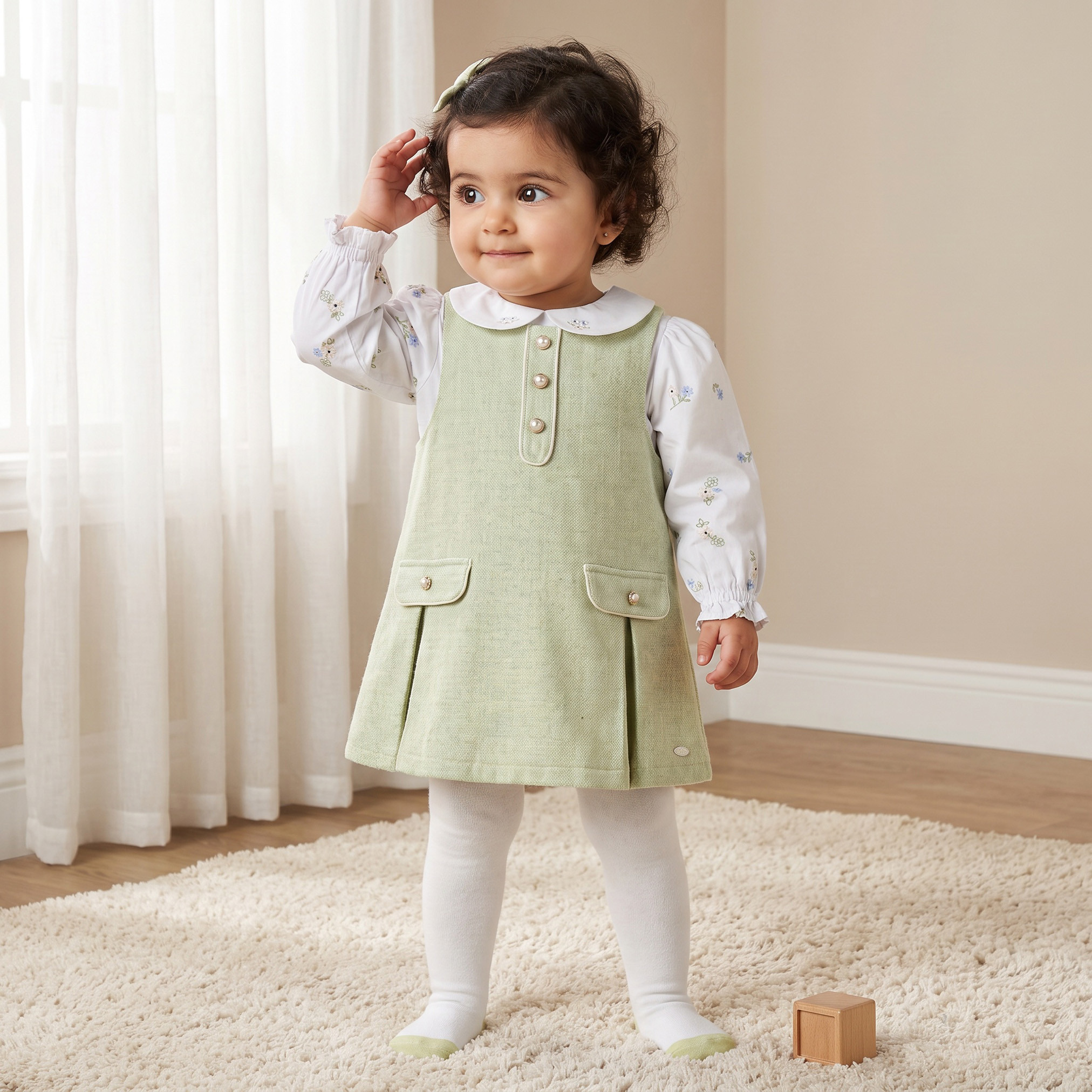 Giggles Peter Pan Collar Long Sleeves Top and Pinafore Set with Tights-baby-girls-clothing-setsandcoords-image-1