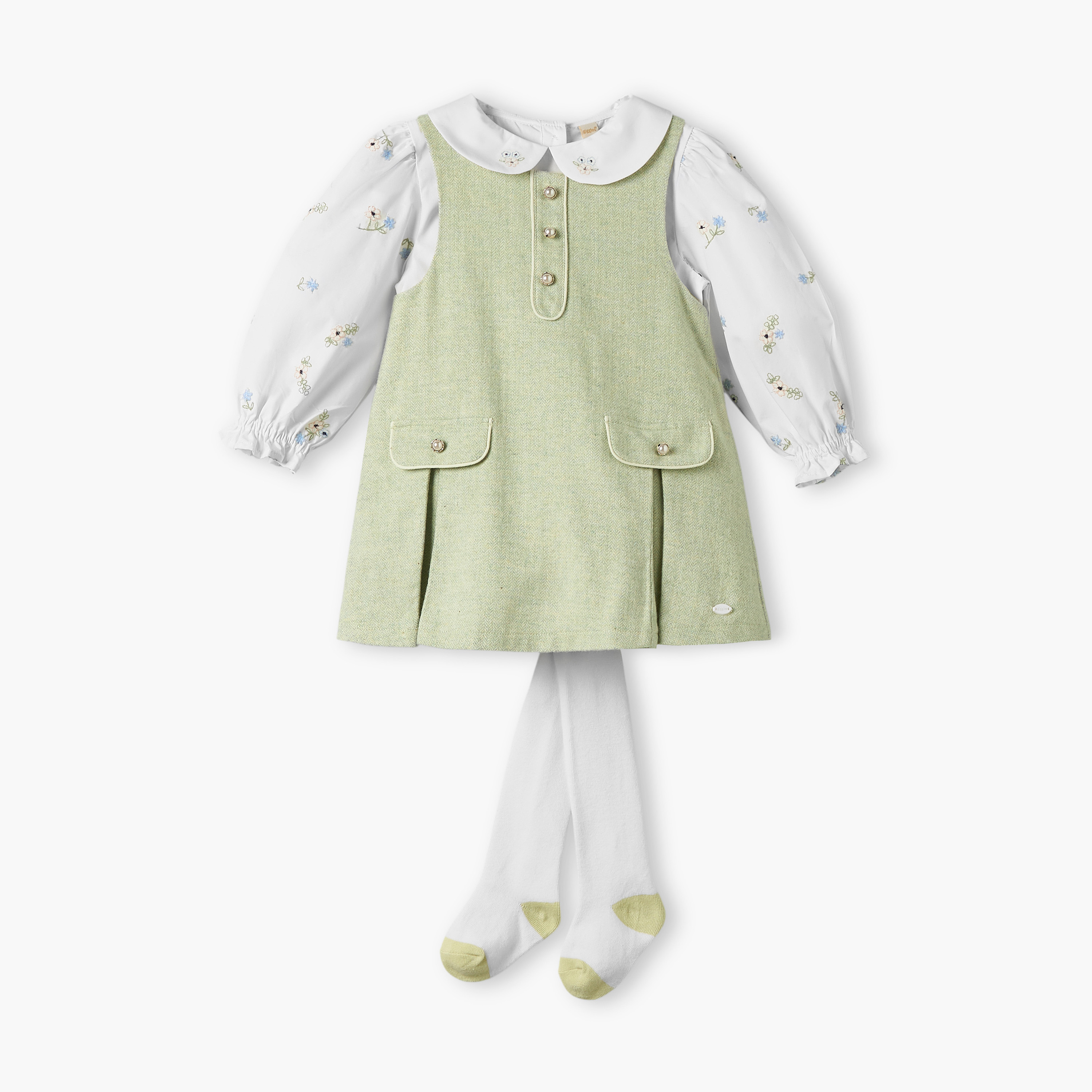Giggles Peter Pan Collar Long Sleeves Top and Pinafore Set with Tights-baby-girls-clothing-setsandcoords-image-2