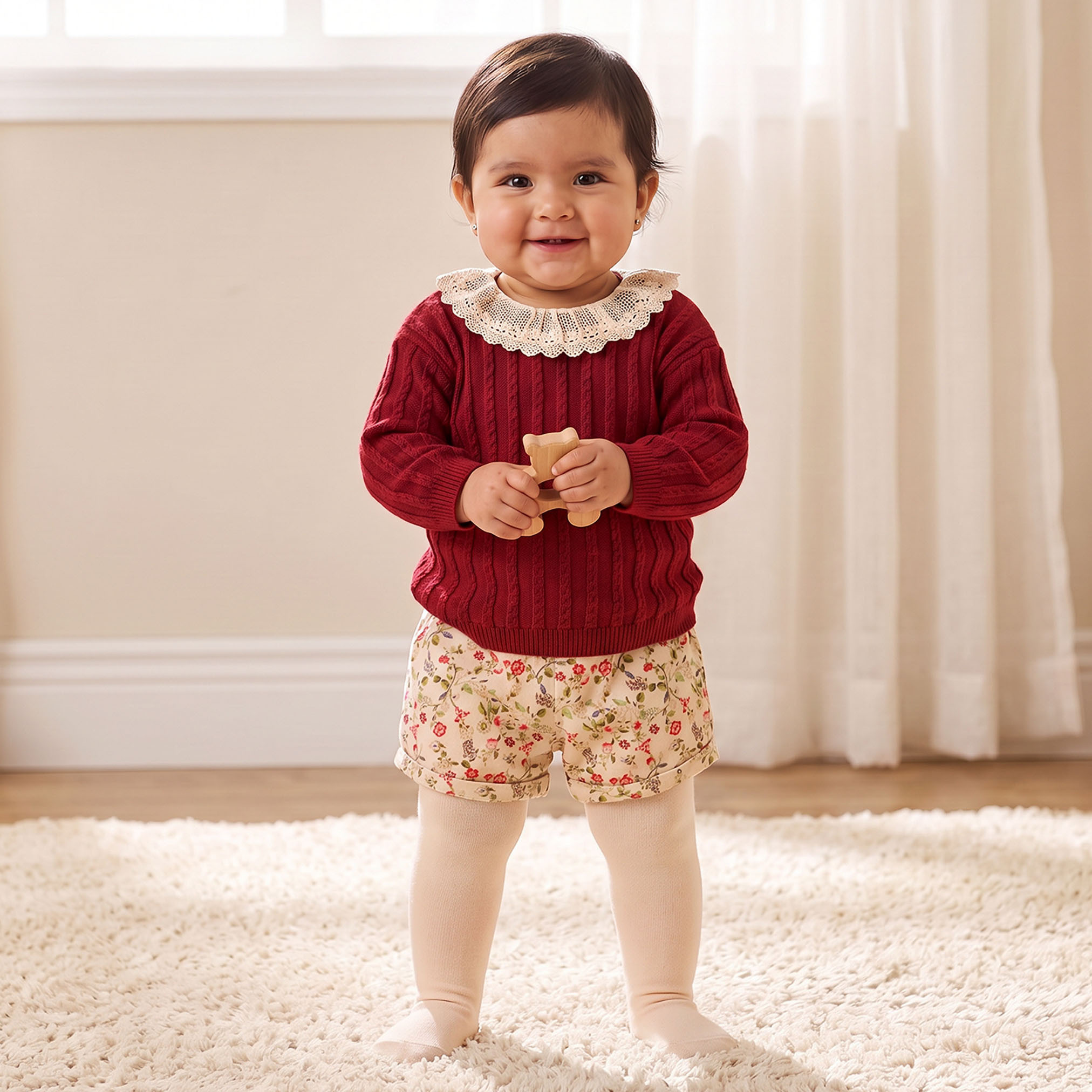 طقم من 3 - كنزة بياقة مستديرة وأكمام طويلة وشورت بطبعات من جيجلز-baby-girls-clothing-setsandcoords-image-1