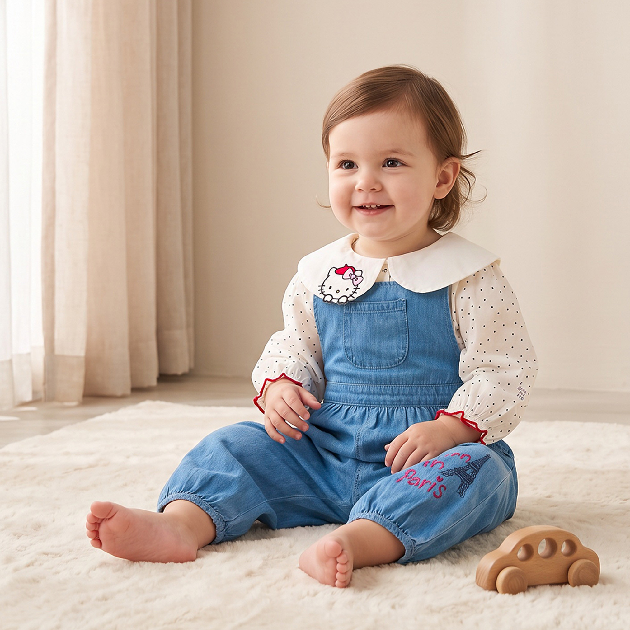 طقم بلوزة بياقة بيتر بان بأكمام طويلة ودنغري بطبعات هالو كيتي من سانريو-baby-girls-clothing-setsandcoords-image-1