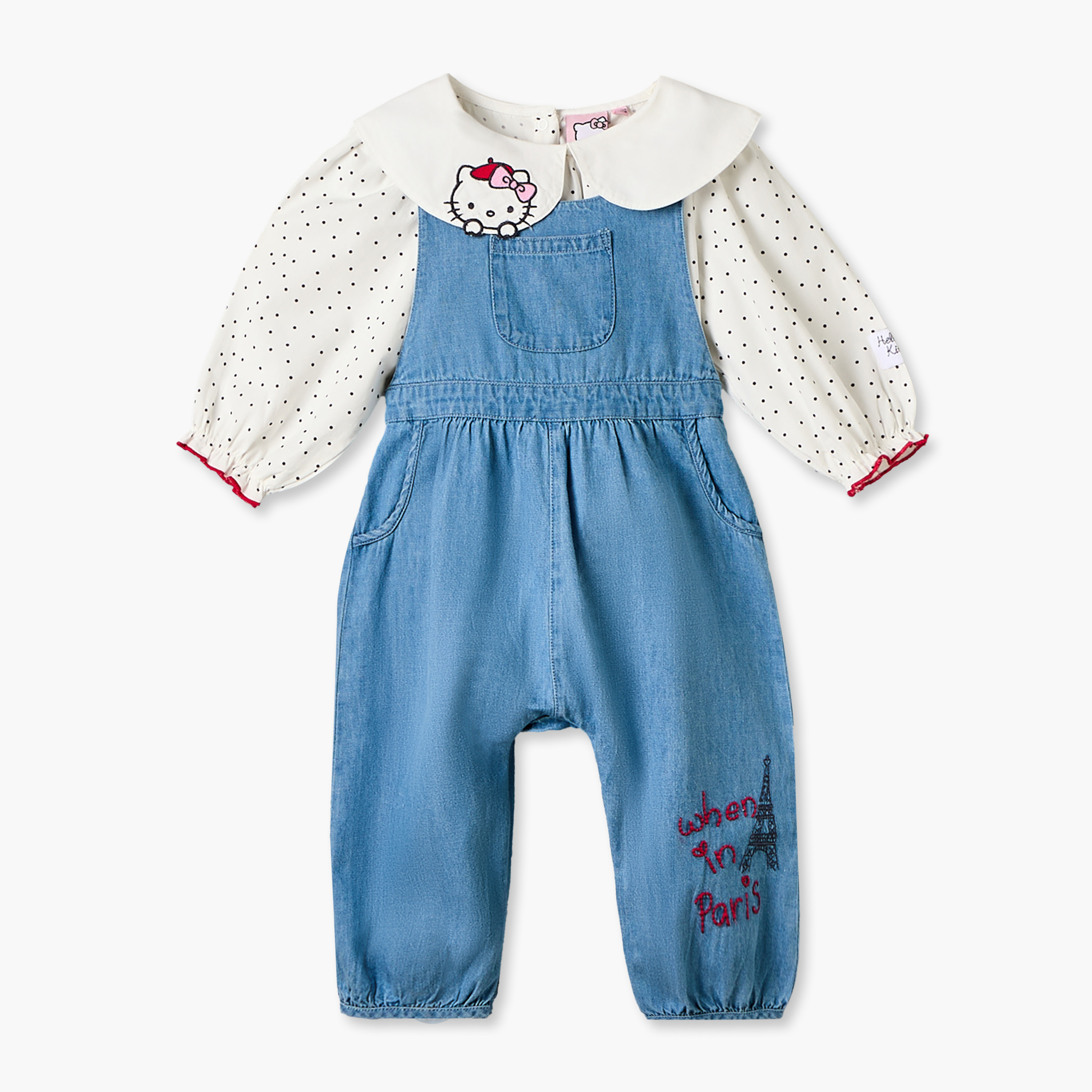 طقم بلوزة بياقة بيتر بان بأكمام طويلة ودنغري بطبعات هالو كيتي من سانريو-baby-girls-clothing-setsandcoords-image-2