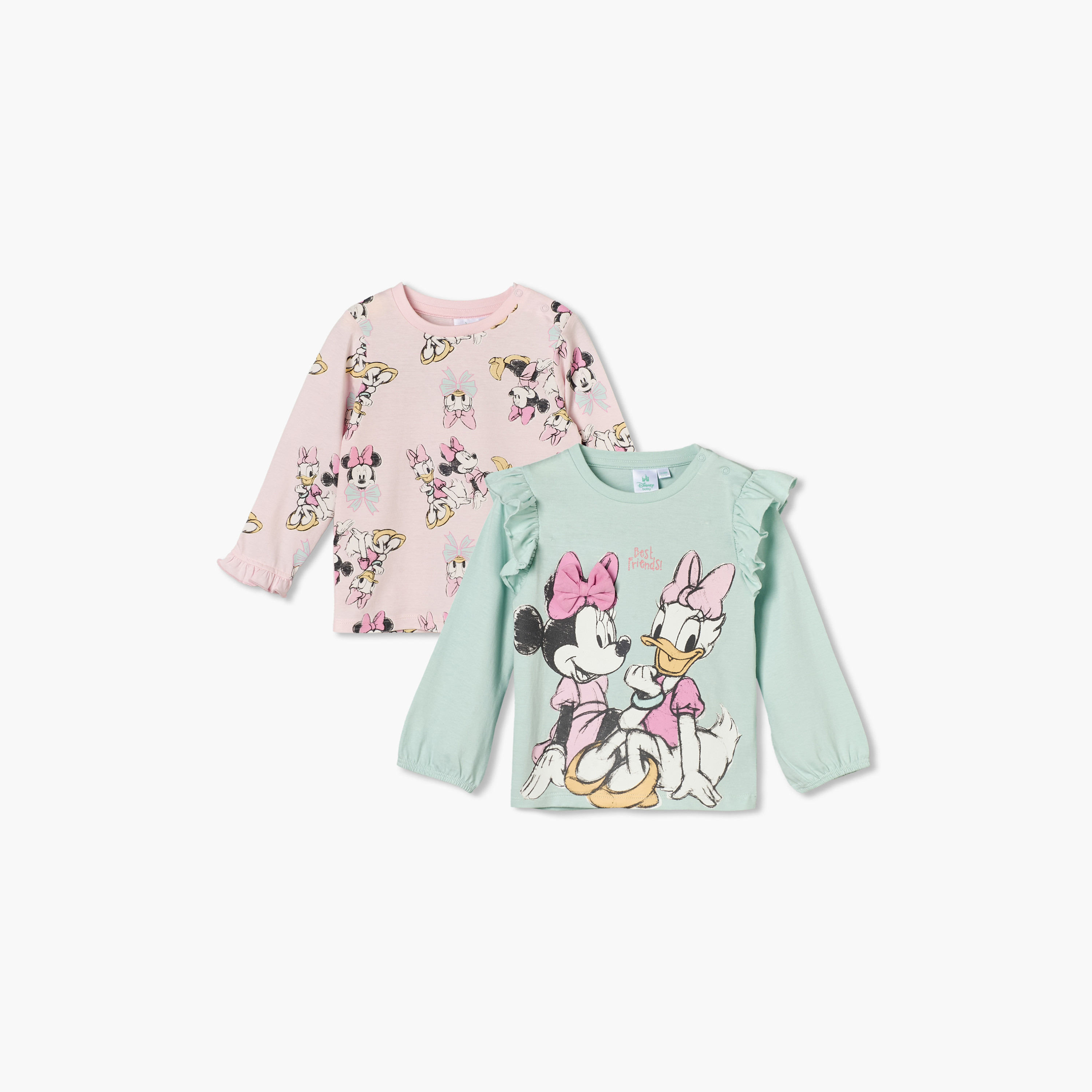 طقم تيشيرتات بياقة مستديرة وأكمام طويلة بطبعة ميني ماوس وديزي من ديزني - قطعتين-baby-girls-clothing-tshirts-image-1