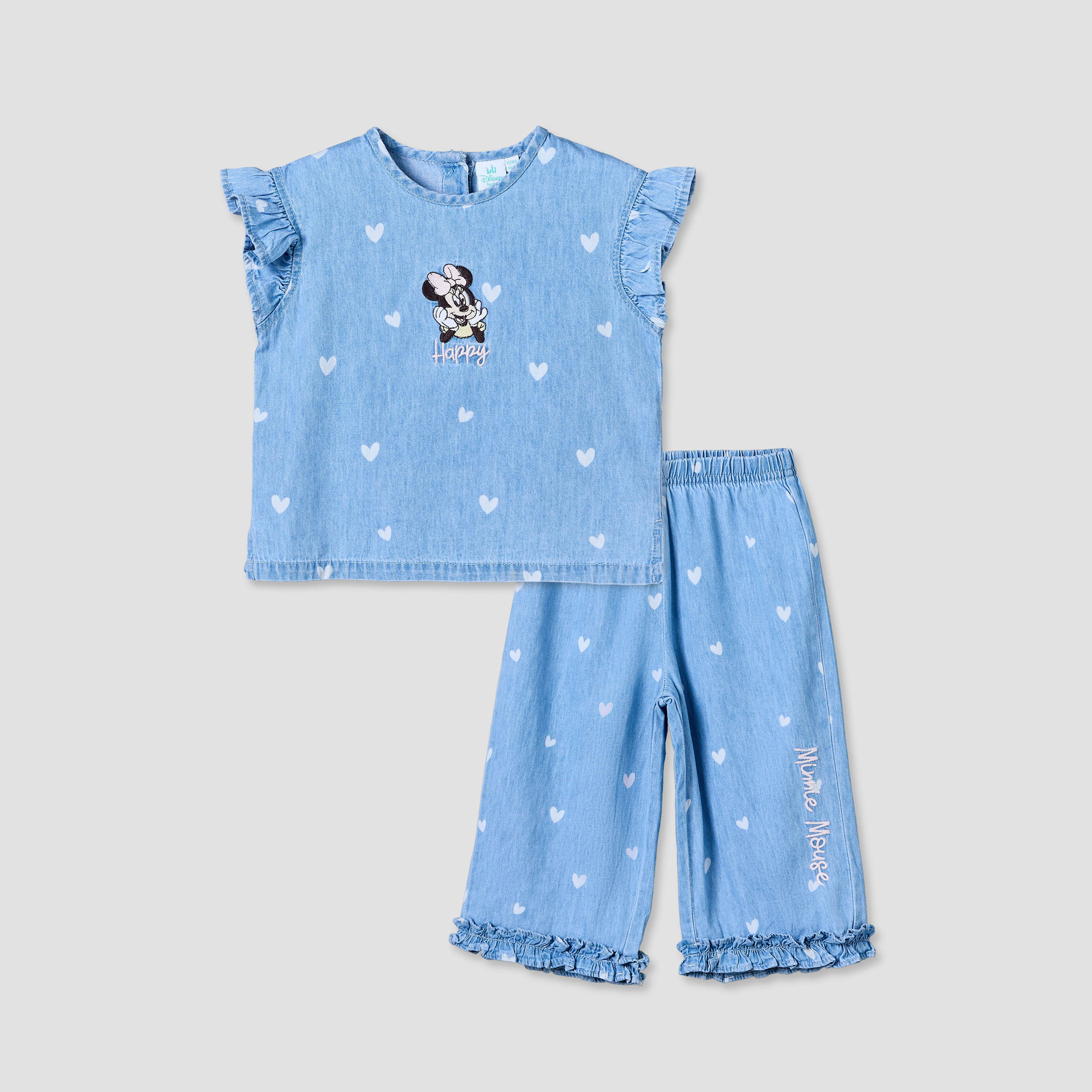 Disney Round Neck Sleeveless Denim Top and Wide Leg Pants Set with Minnie Mouse Applique-baby-girls-clothing-setsandcoords-image-1
