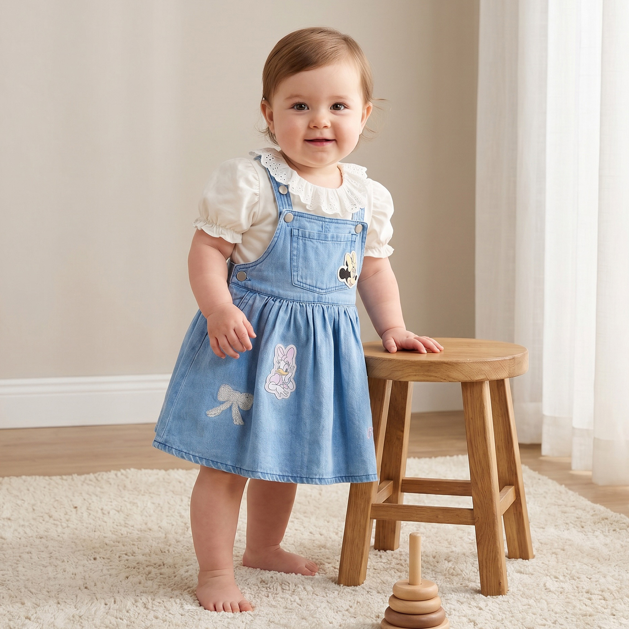 Disney Collared Short Sleeves Top and Denim Pinafore Set with Minnie Mouse Applique-baby-girls-clothing-dressesandjumpsuits-image-1