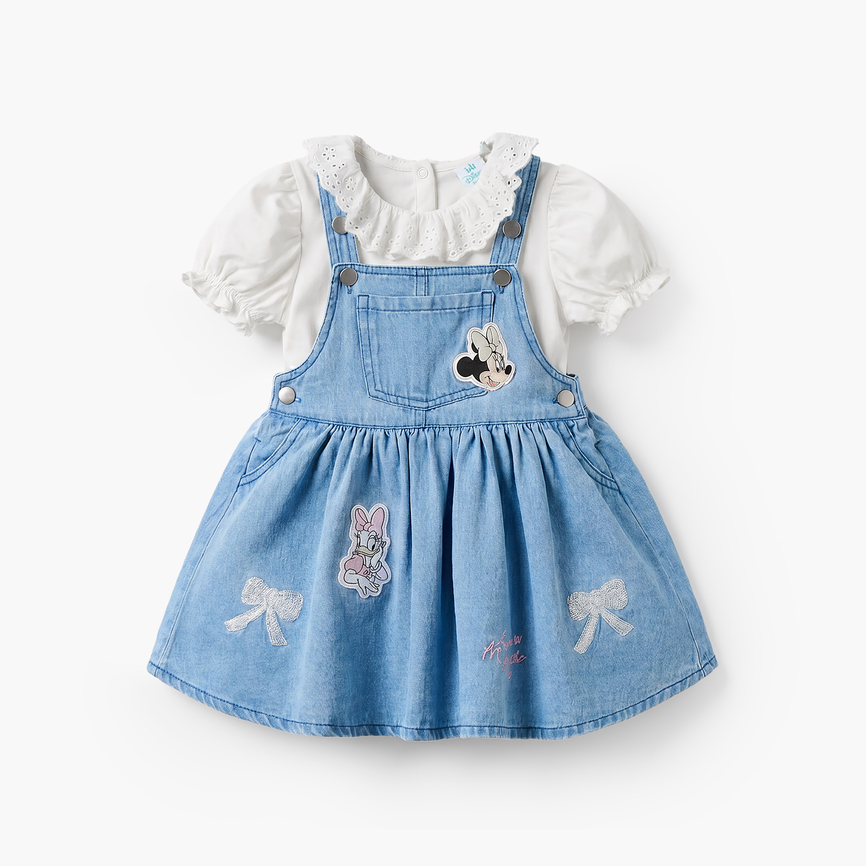 Disney Collared Short Sleeves Top and Denim Pinafore Set with Minnie Mouse Applique-baby-girls-clothing-dressesandjumpsuits-image-2