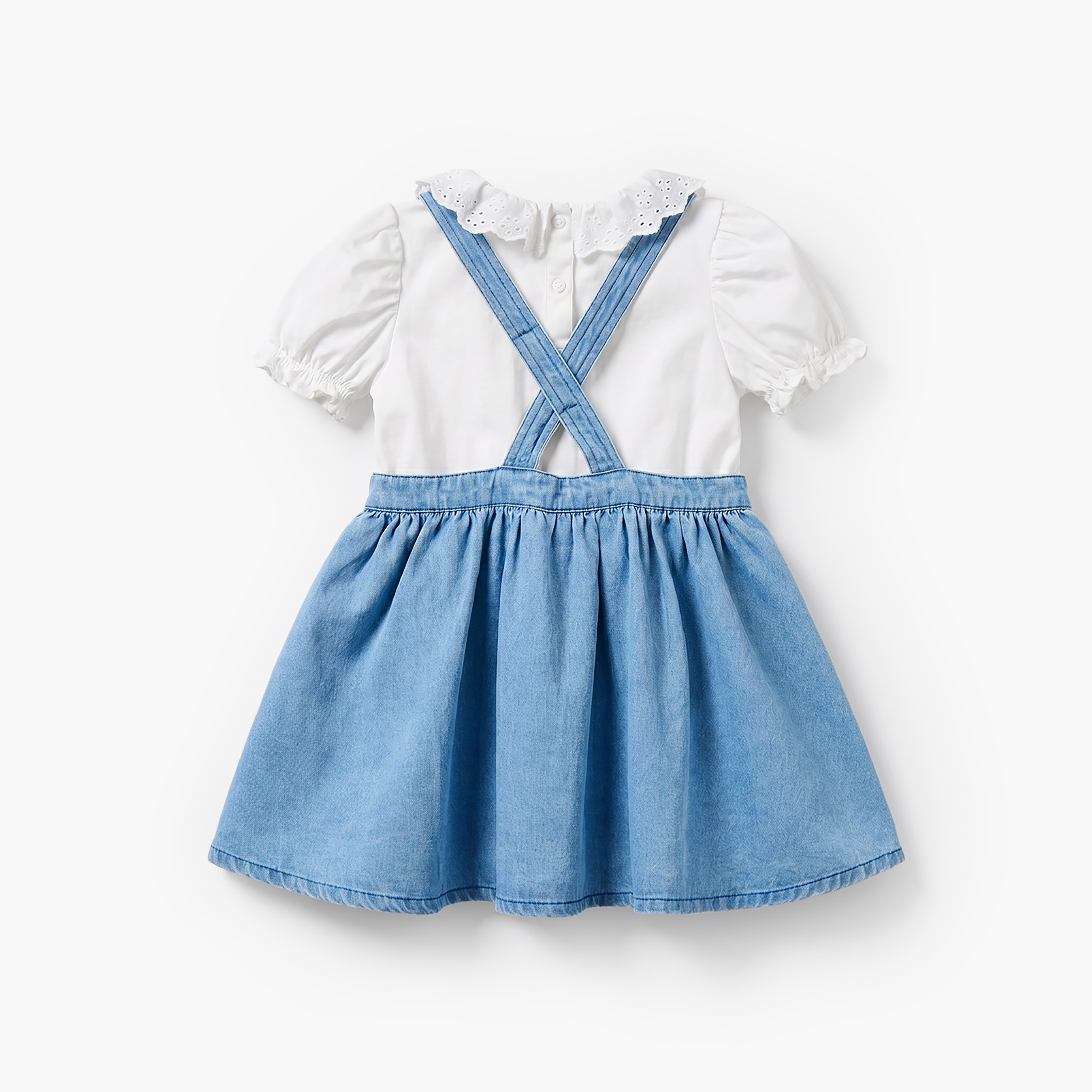 Disney Collared Short Sleeves Top and Denim Pinafore Set with Minnie Mouse Applique-baby-girls-clothing-dressesandjumpsuits-image-3