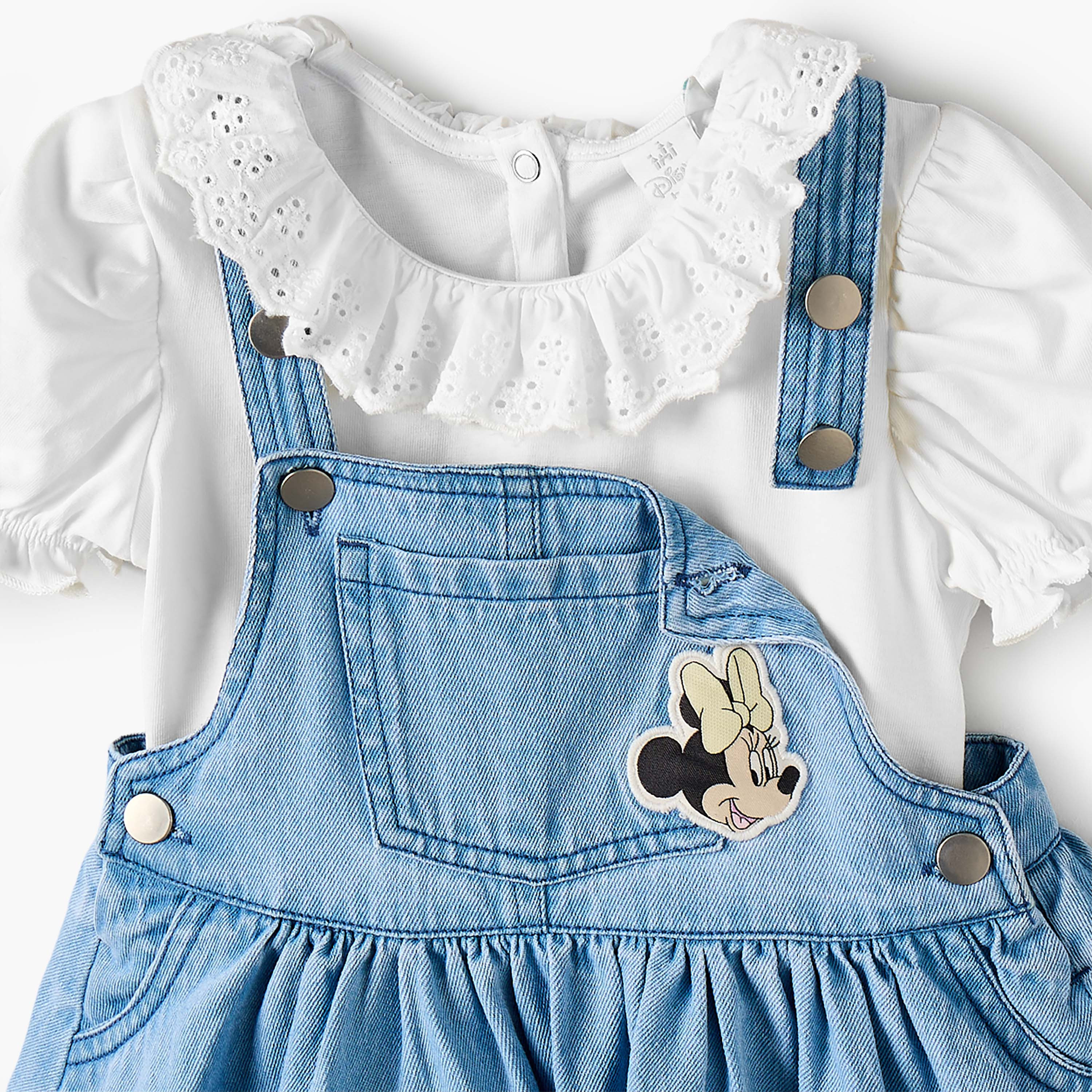 Disney Collared Short Sleeves Top and Denim Pinafore Set with Minnie Mouse Applique-baby-girls-clothing-dressesandjumpsuits-image-6