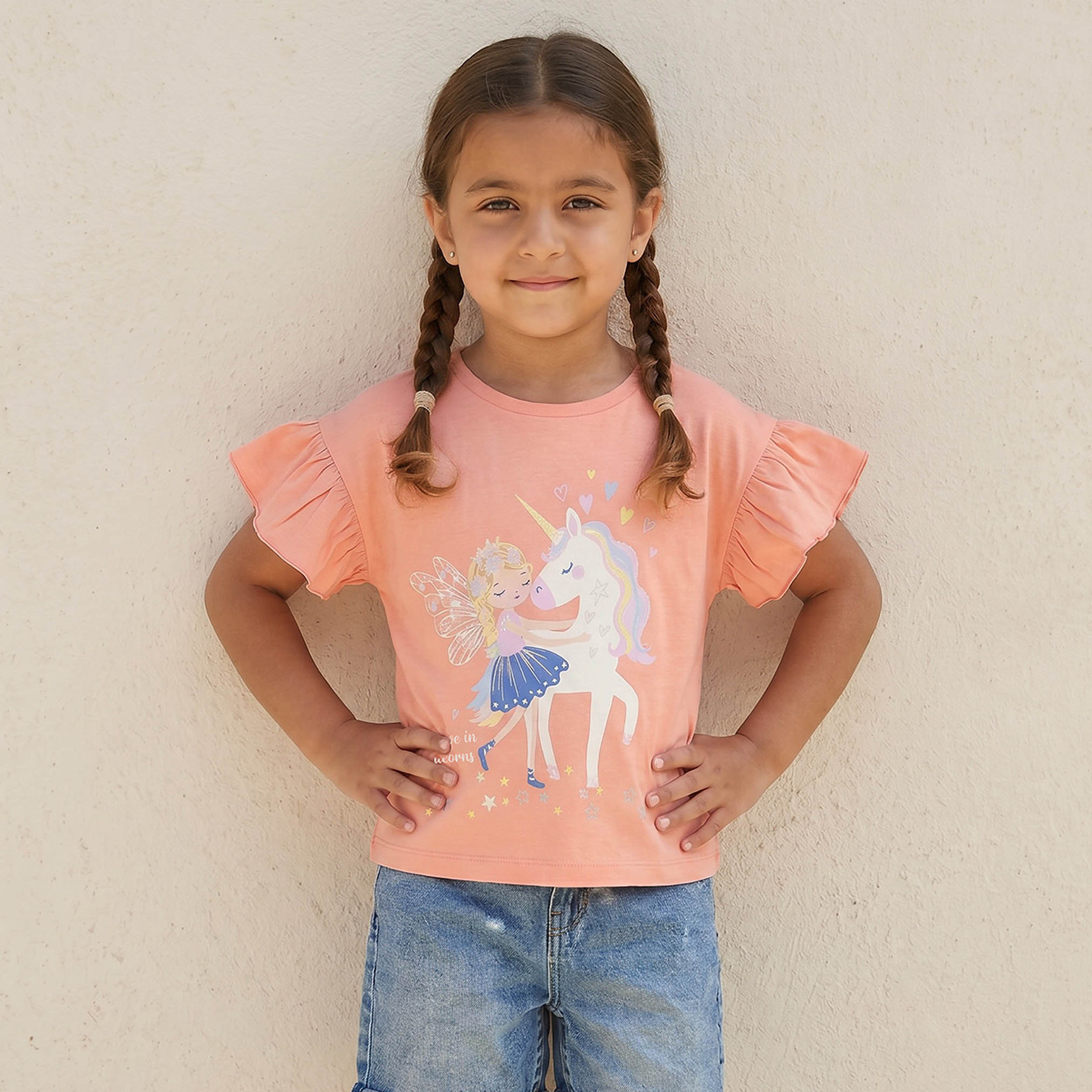 تيشيرت بياقة مستديرة وأكمام قصيرة وطبعات يونيكورن من جونيورز-girls-clothing-tshirts-image-1