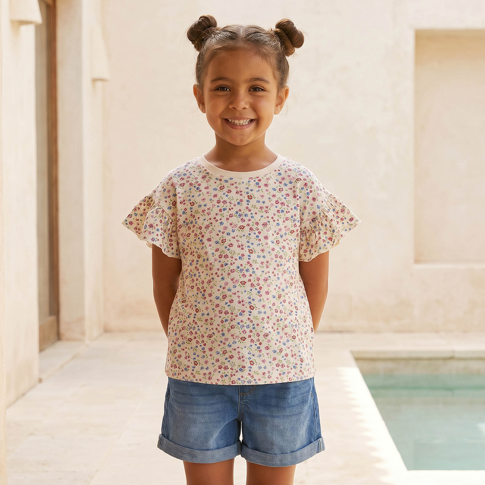Juniors Crew Neck Short Sleeves T-shirt with Floral Print-girls-clothing-tshirts-image-1