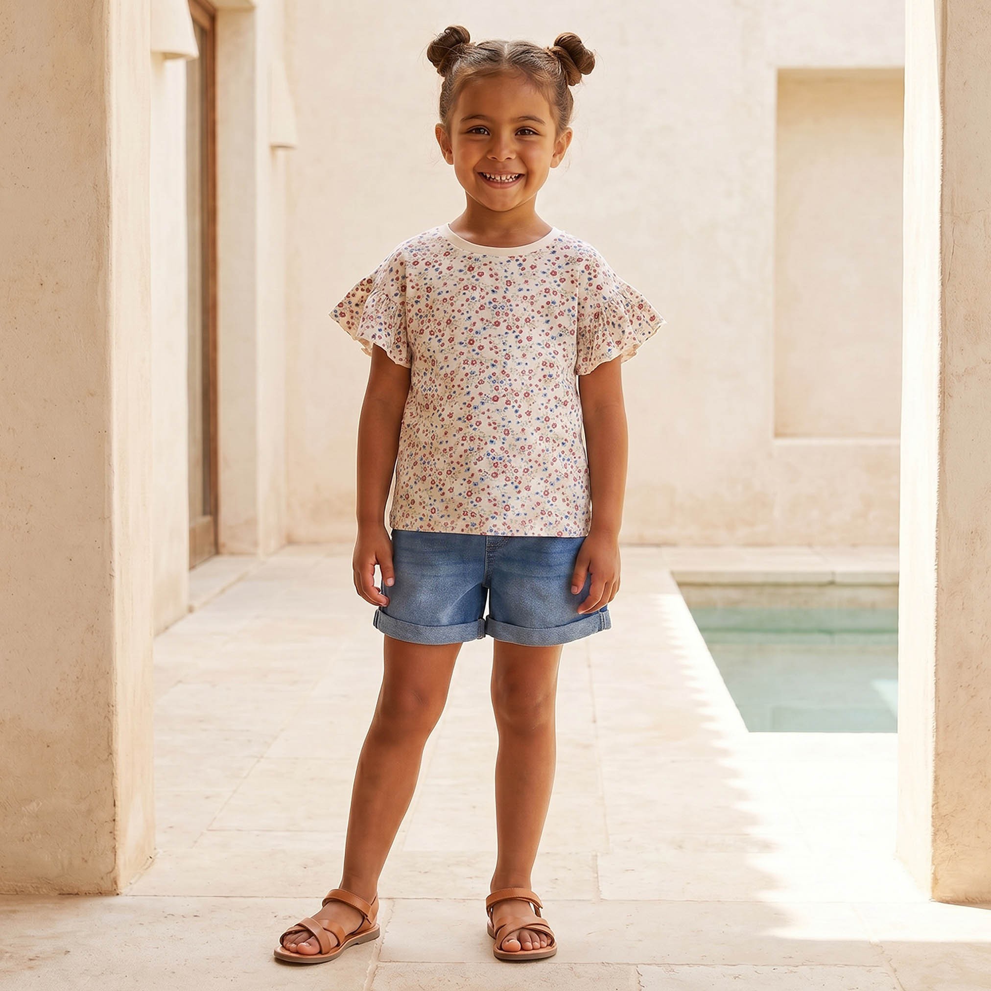 Juniors Crew Neck Short Sleeves T-shirt with Floral Print-girls-clothing-tshirts-image-2