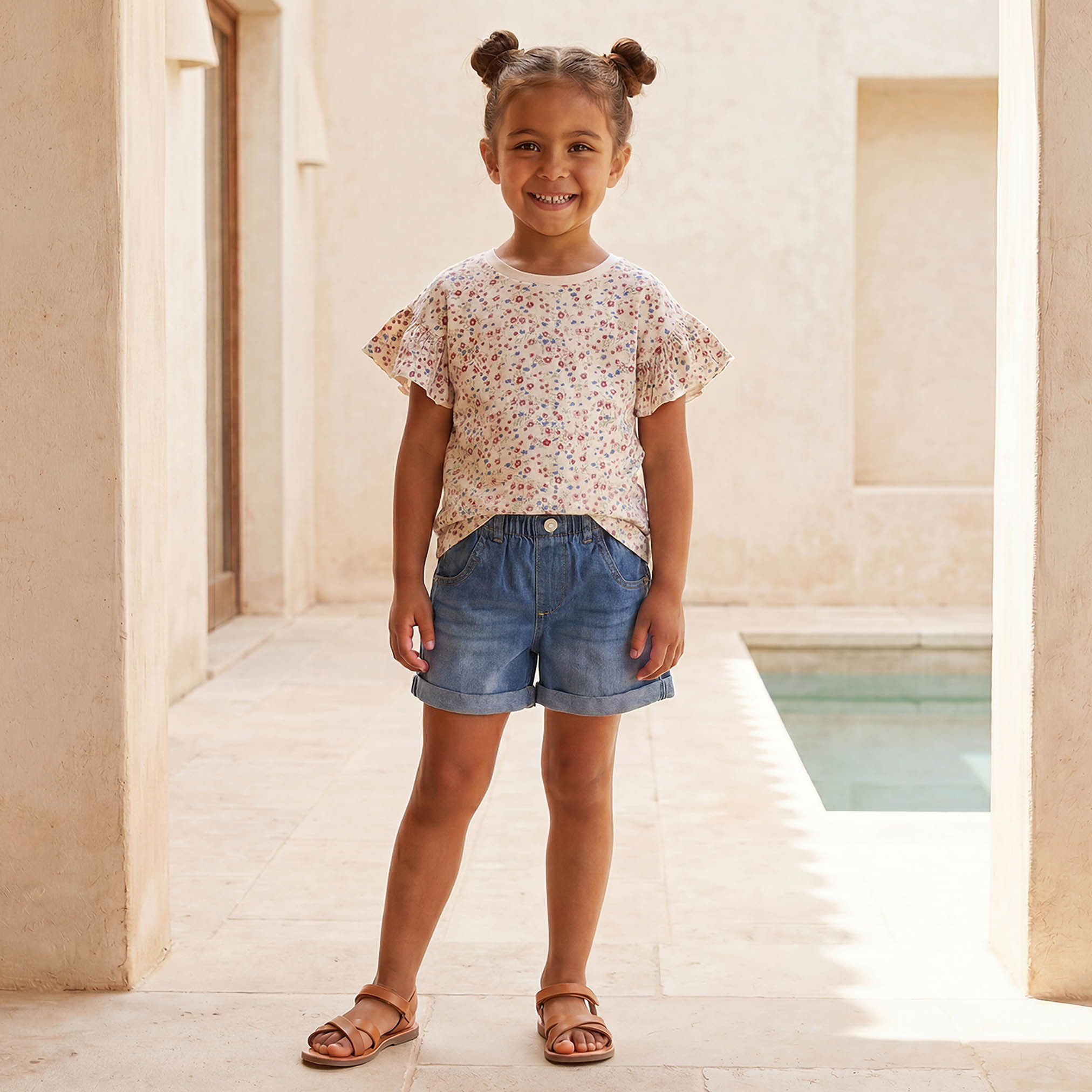 Juniors Crew Neck Short Sleeves T-shirt with Floral Print-girls-clothing-tshirts-image-5