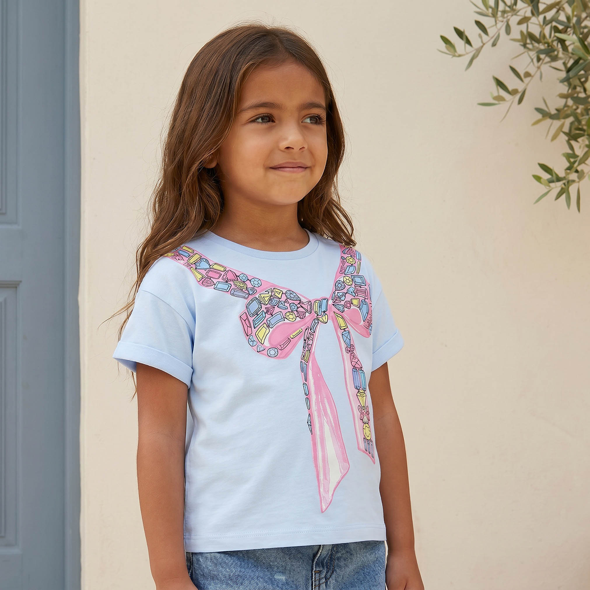 تيشيرت بياقة ضيقة وأكمام قصيرة وطبعات فيونكة من جونيورز-girls-clothing-tshirts-image-1