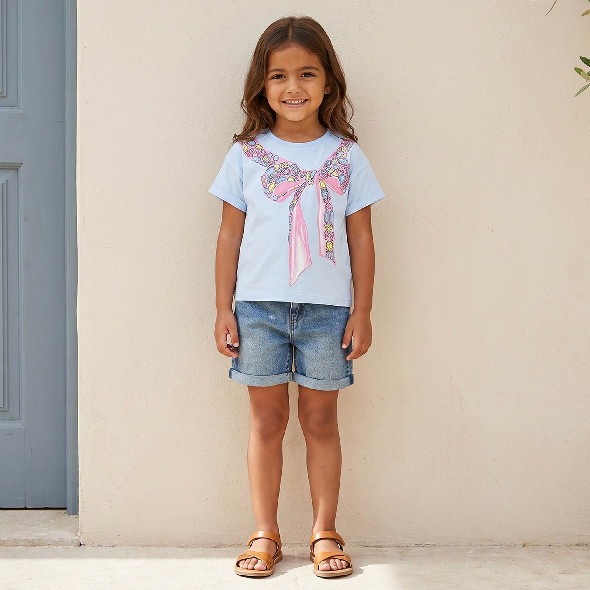 تيشيرت بياقة ضيقة وأكمام قصيرة وطبعات فيونكة من جونيورز-girls-clothing-tshirts-image-2