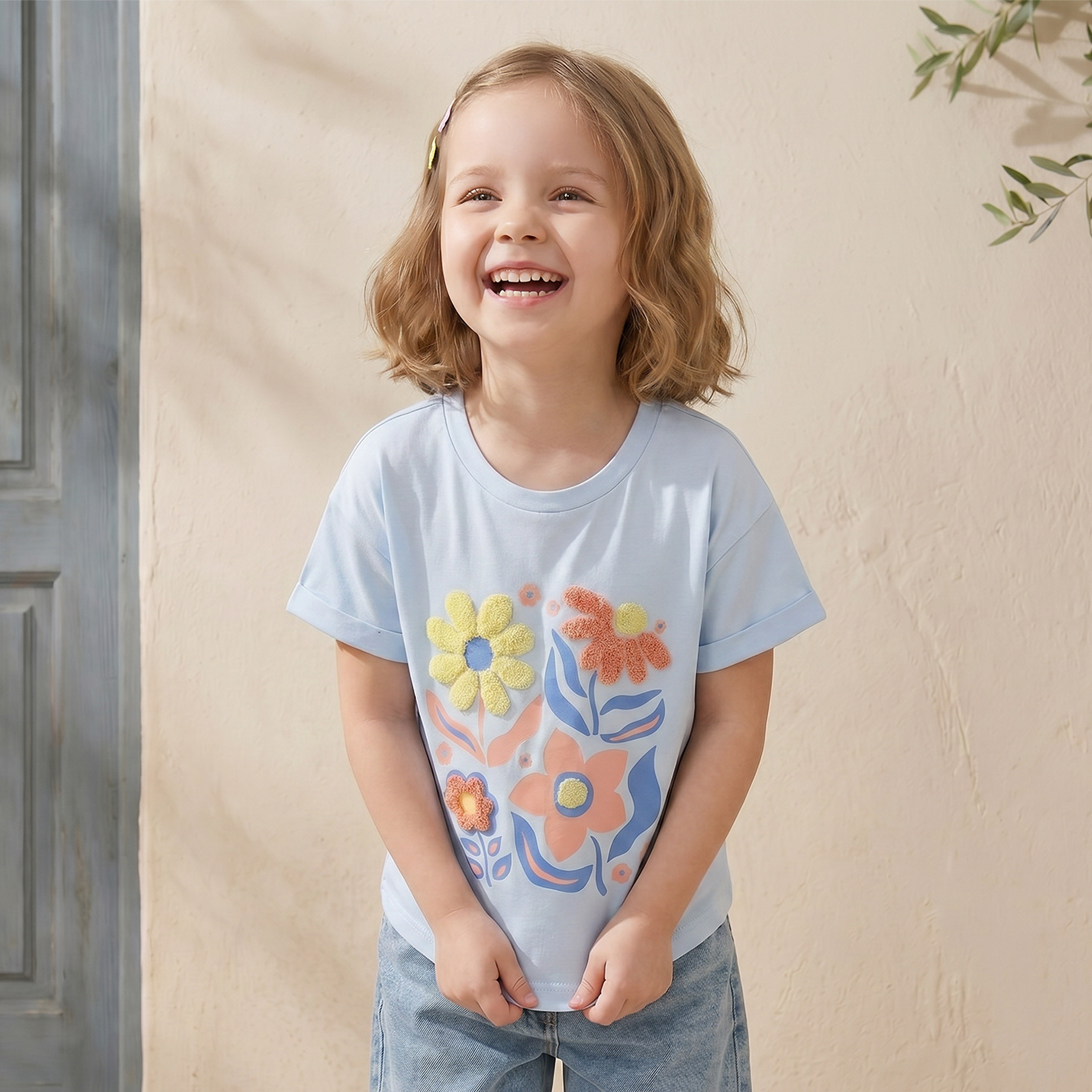 Juniors Crew Neck Short Sleeves T-shirt with Floral Print-girls-clothing-tshirts-image-1
