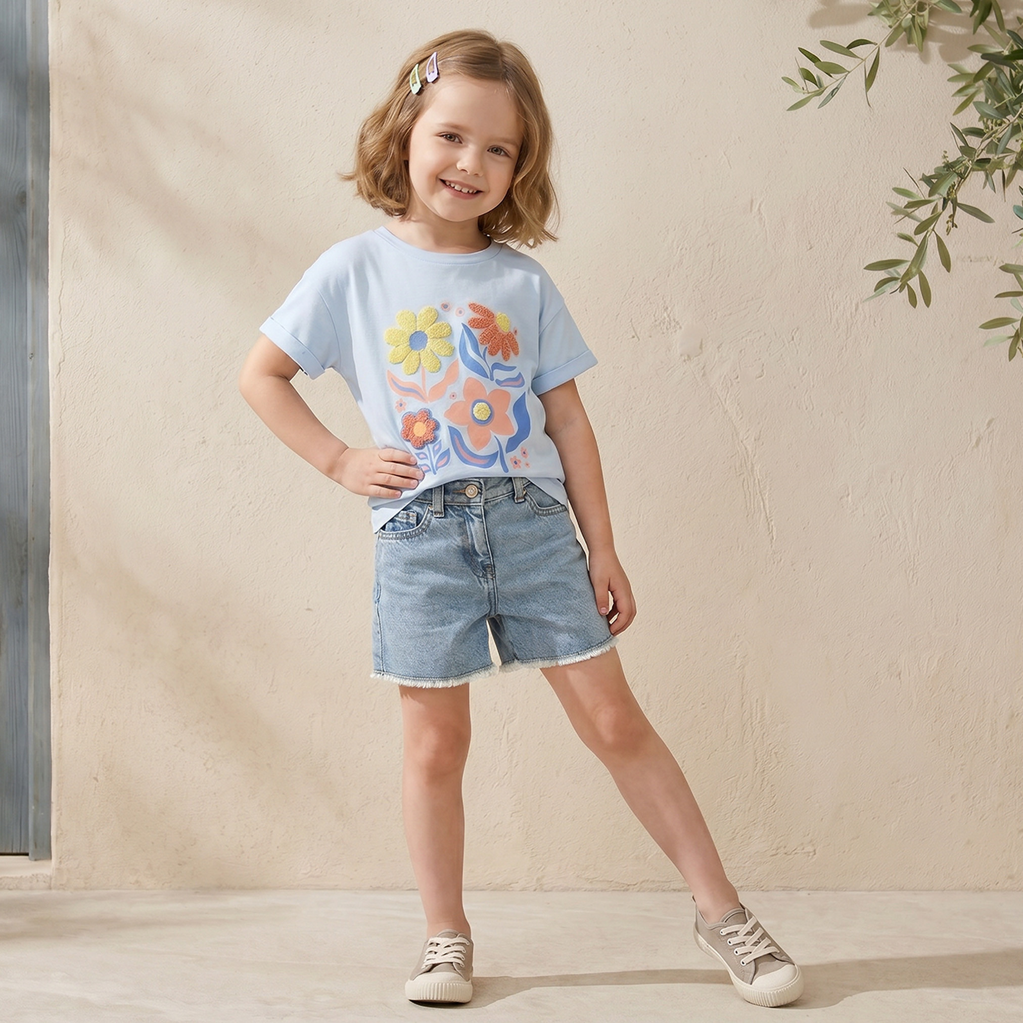 Juniors Crew Neck Short Sleeves T-shirt with Floral Print-girls-clothing-tshirts-image-2