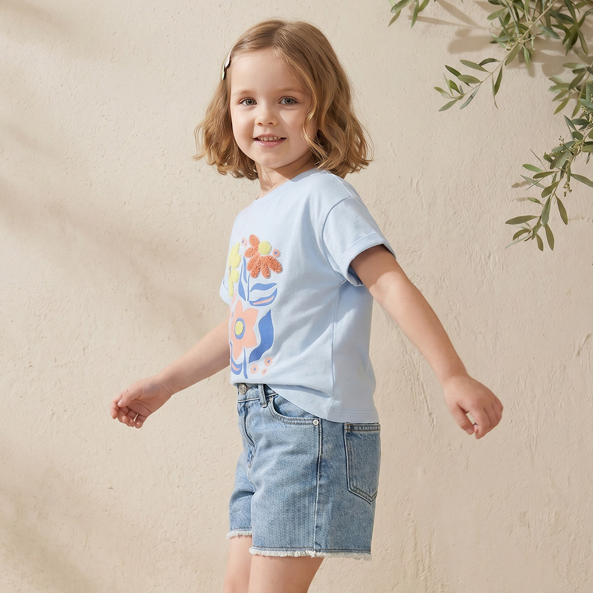 Juniors Crew Neck Short Sleeves T-shirt with Floral Print-girls-clothing-tshirts-image-5