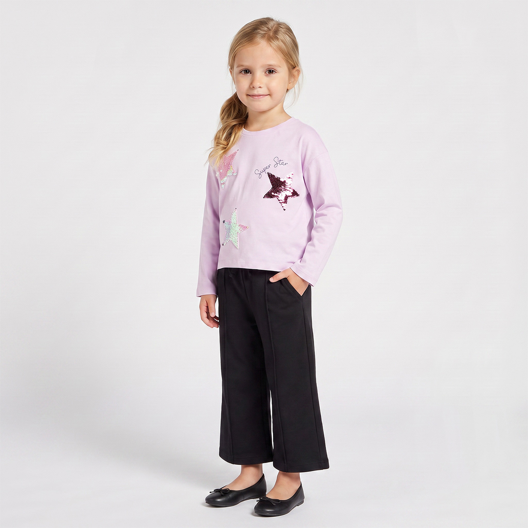 تيشيرت بياقة ضيقة وأكمام طويلة نجمة مرصّعة بالترتر من جونيورز-girls-clothing-tshirts-image-5