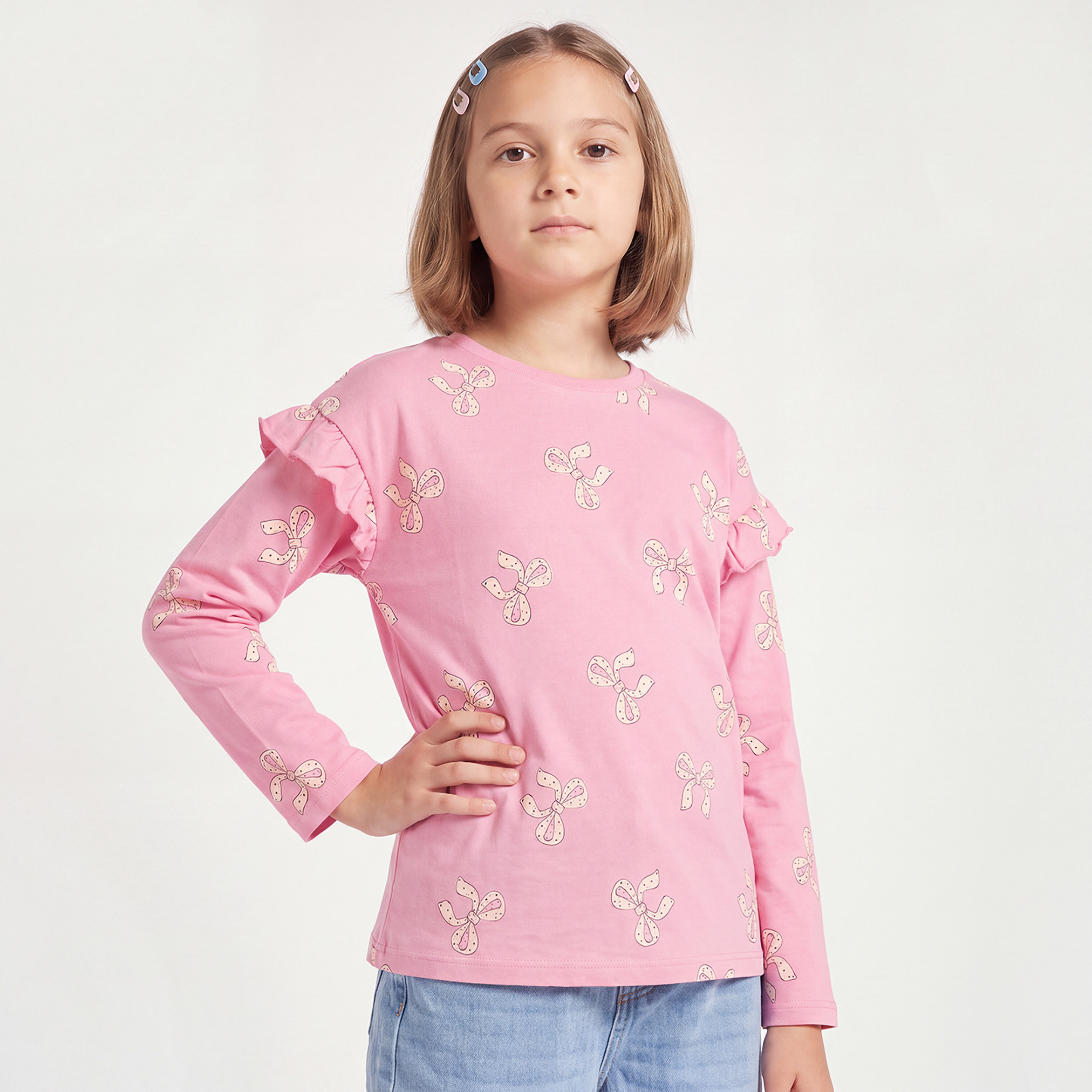 Juniors Crew Neck Long Sleeves T-shirt with Bow Print-girls-clothing-tshirts-image-1