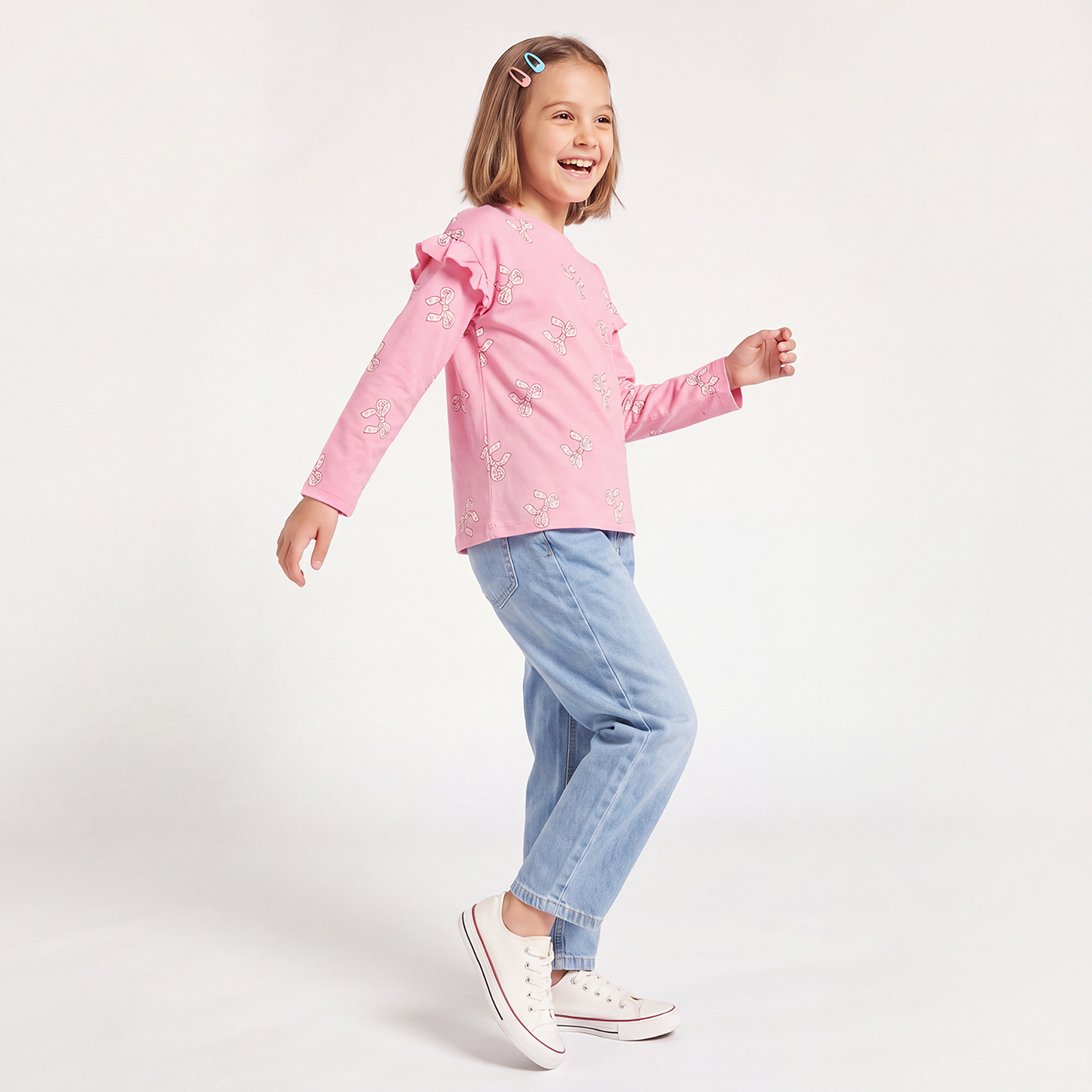 Juniors Crew Neck Long Sleeves T-shirt with Bow Print-girls-clothing-tshirts-image-2