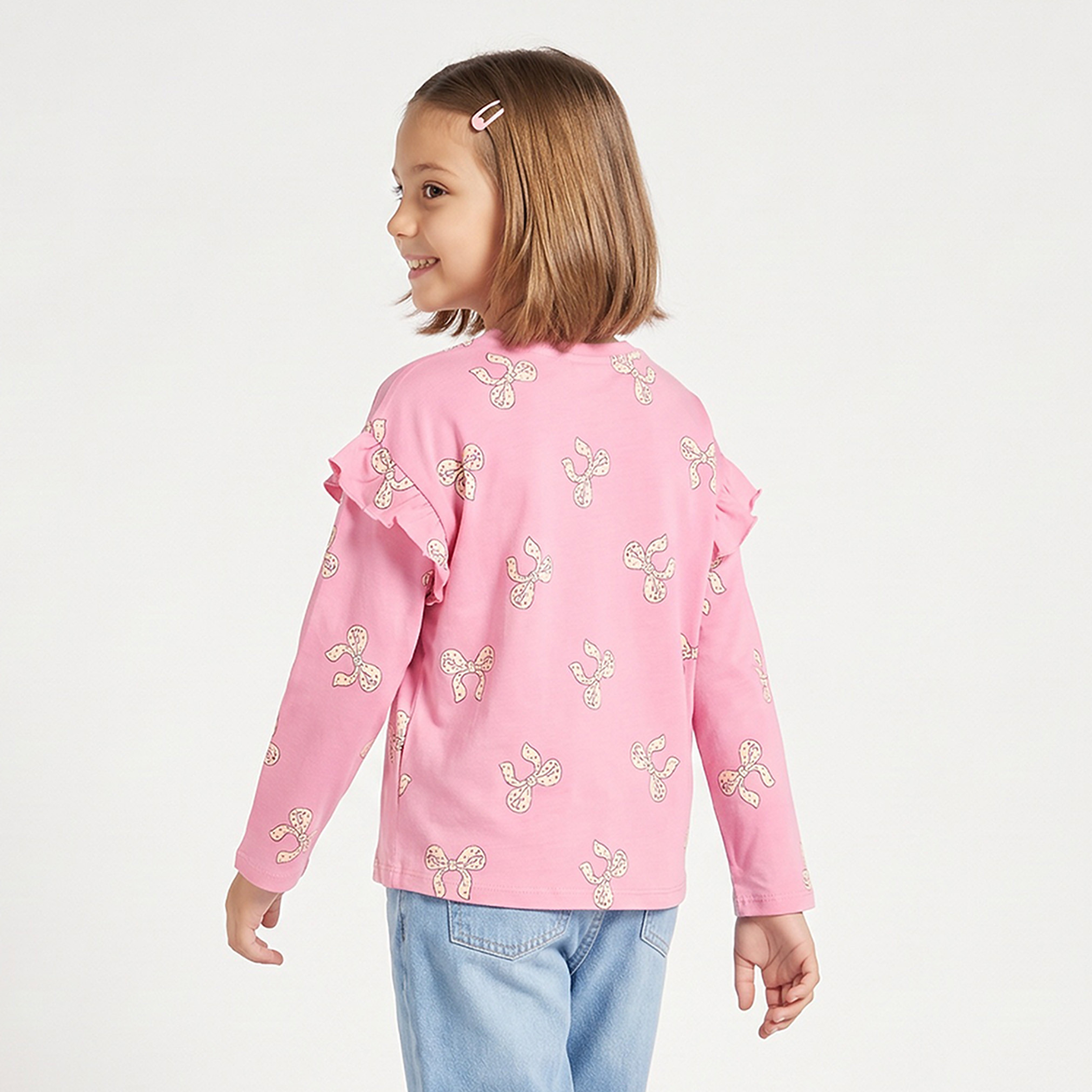 Juniors Crew Neck Long Sleeves T-shirt with Bow Print-girls-clothing-tshirts-image-3
