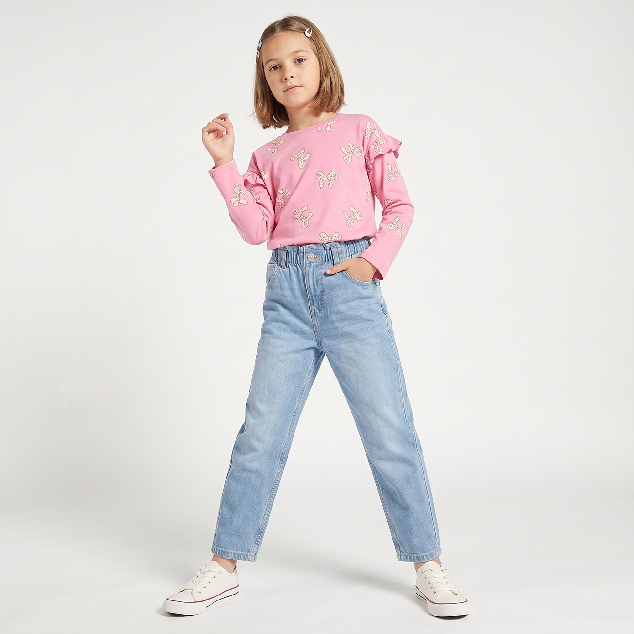 Juniors Crew Neck Long Sleeves T-shirt with Bow Print-girls-clothing-tshirts-image-4