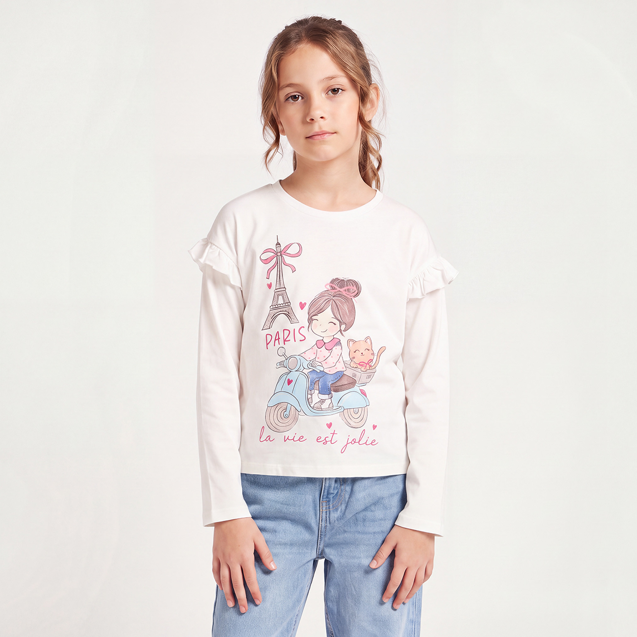 Juniors Round Neck Long Sleeves T-shirt with Paris Print-girls-clothing-tshirts-image-1