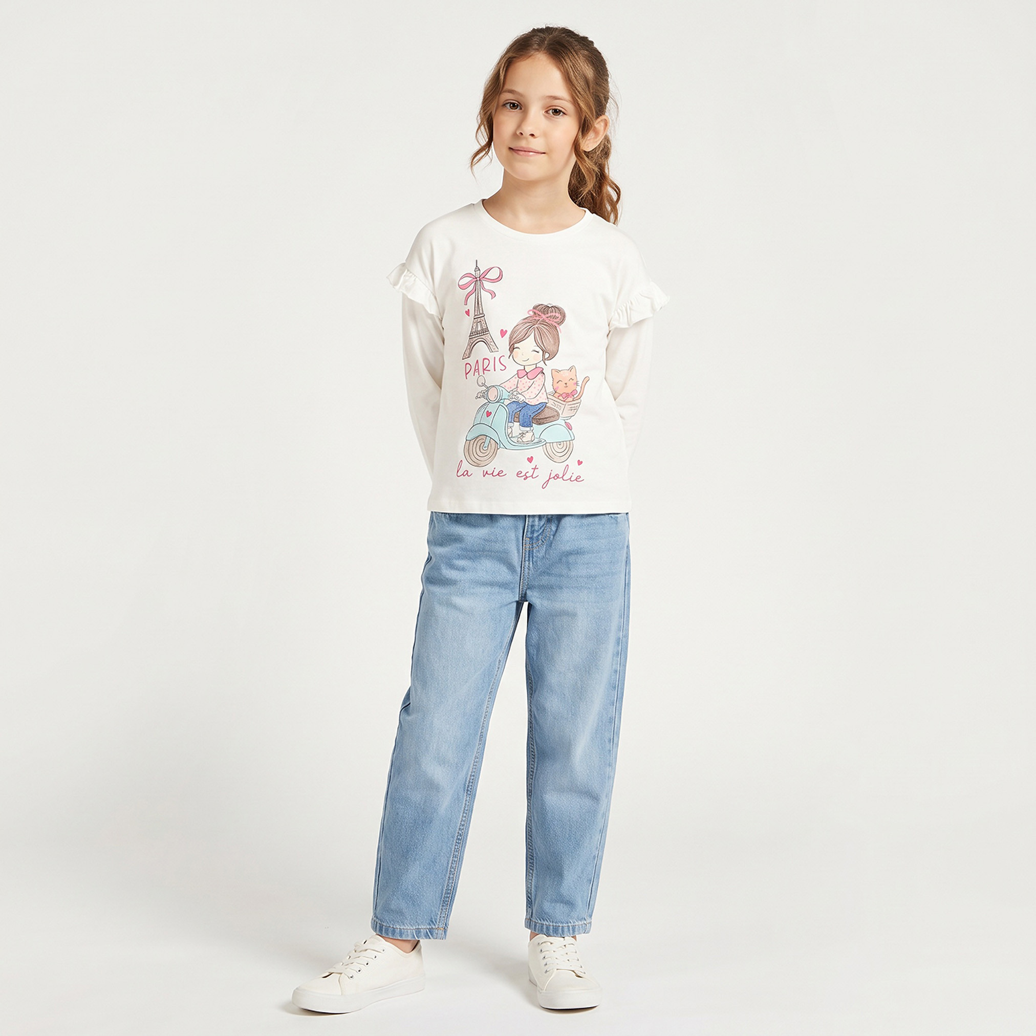 Juniors Round Neck Long Sleeves T-shirt with Paris Print-girls-clothing-tshirts-image-2