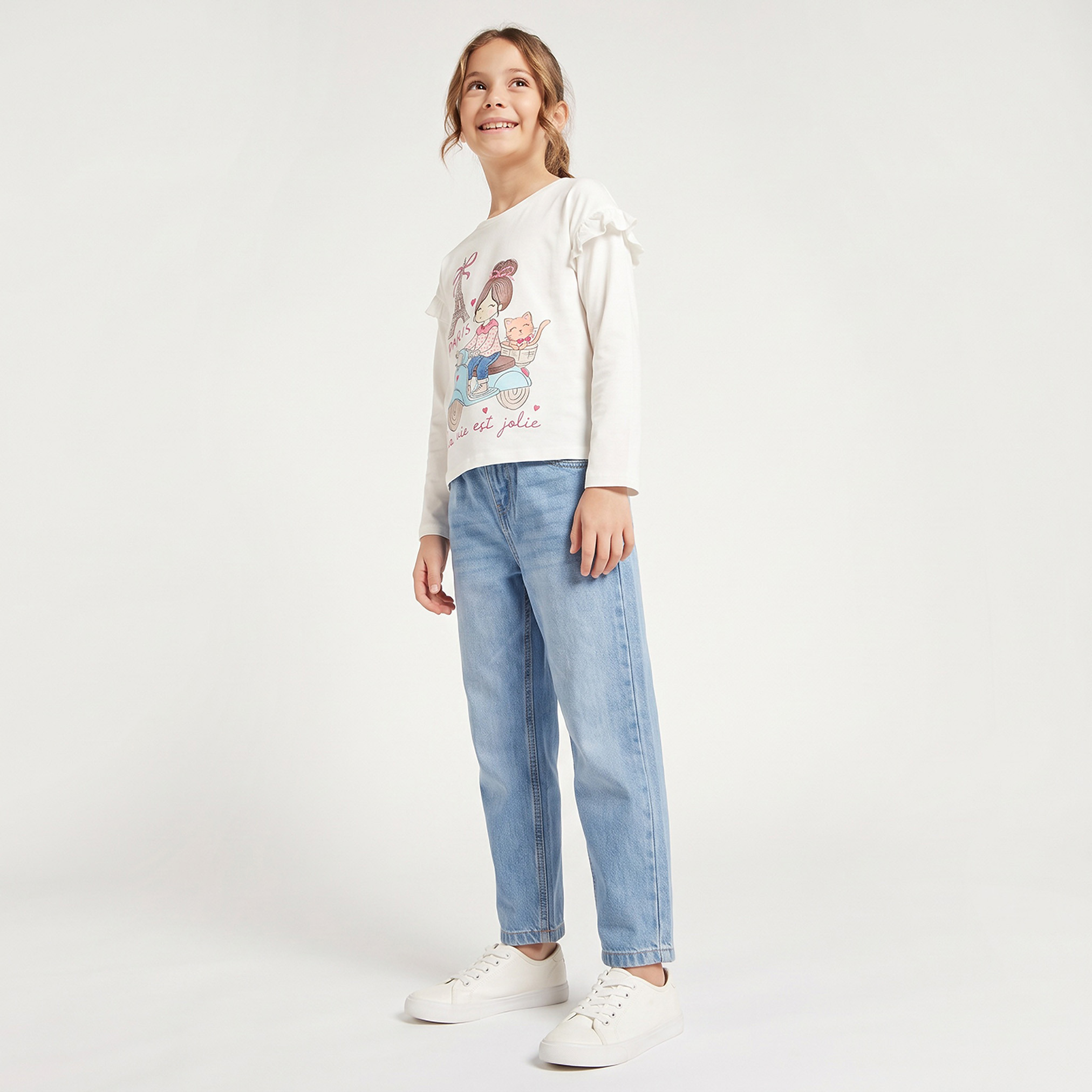 Juniors Round Neck Long Sleeves T-shirt with Paris Print-girls-clothing-tshirts-image-4