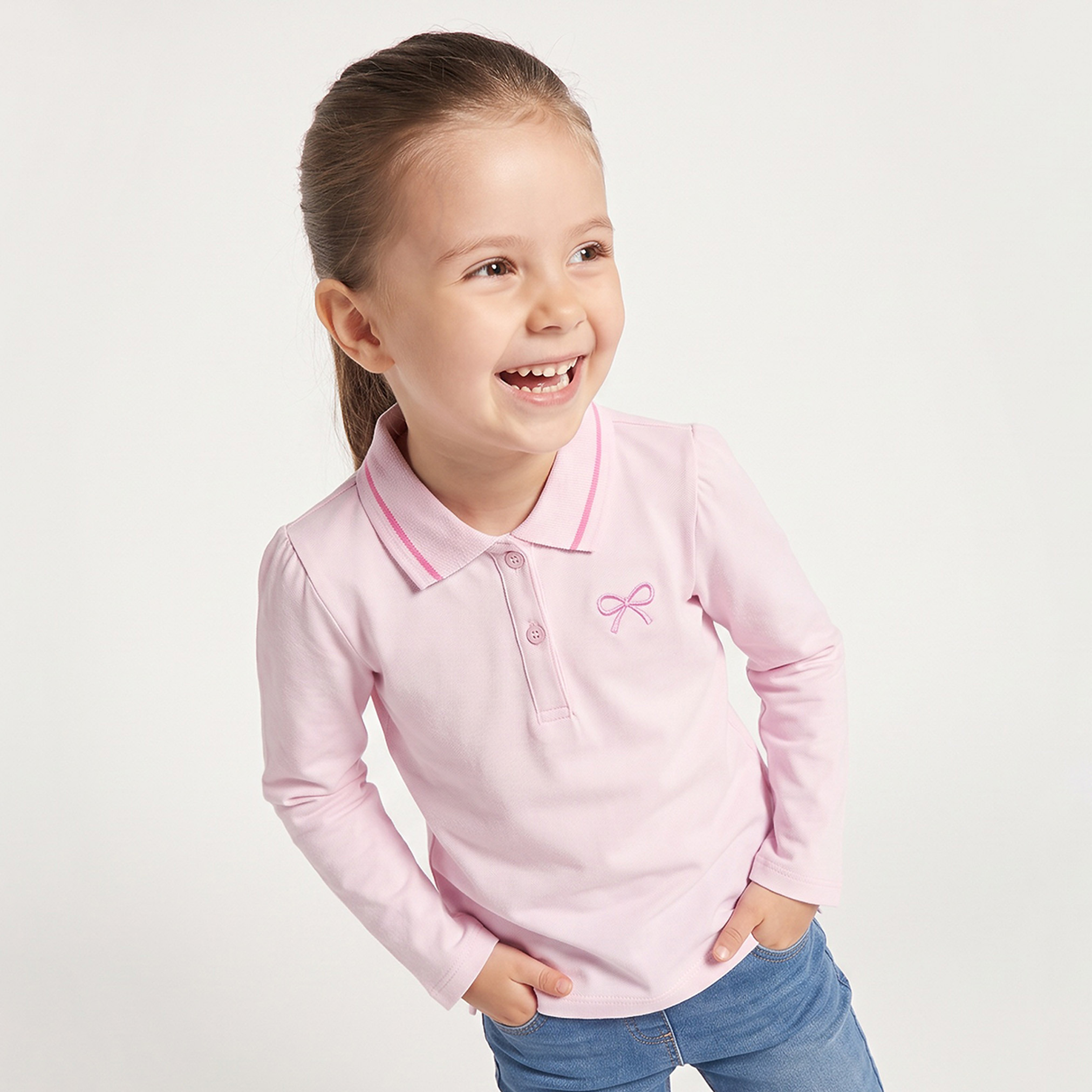 Juniors Collared Long Sleeves Polo T-shirt with Bow Embroidery-girls-clothing-tshirts-image-1