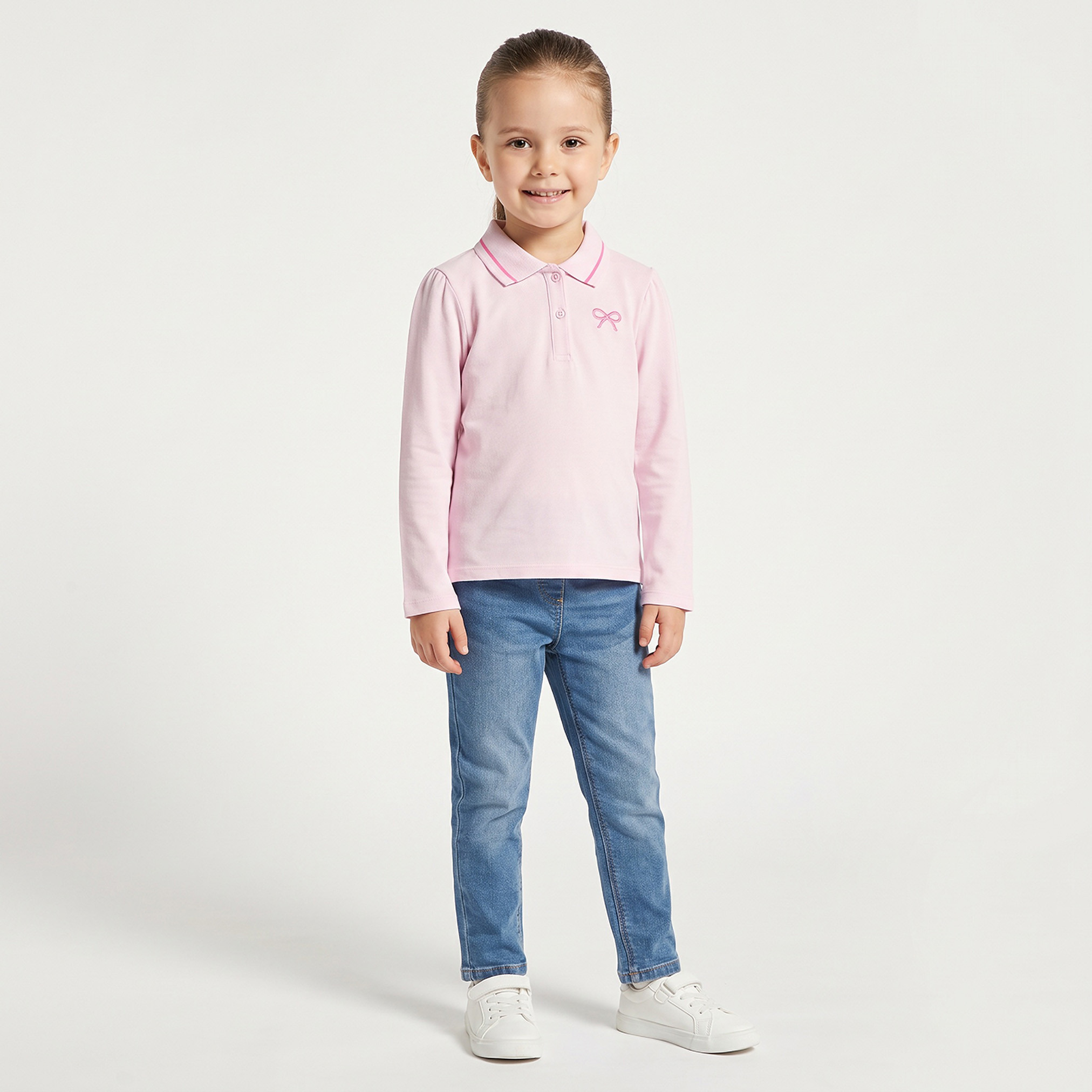Juniors Collared Long Sleeves Polo T-shirt with Bow Embroidery-girls-clothing-tshirts-image-2