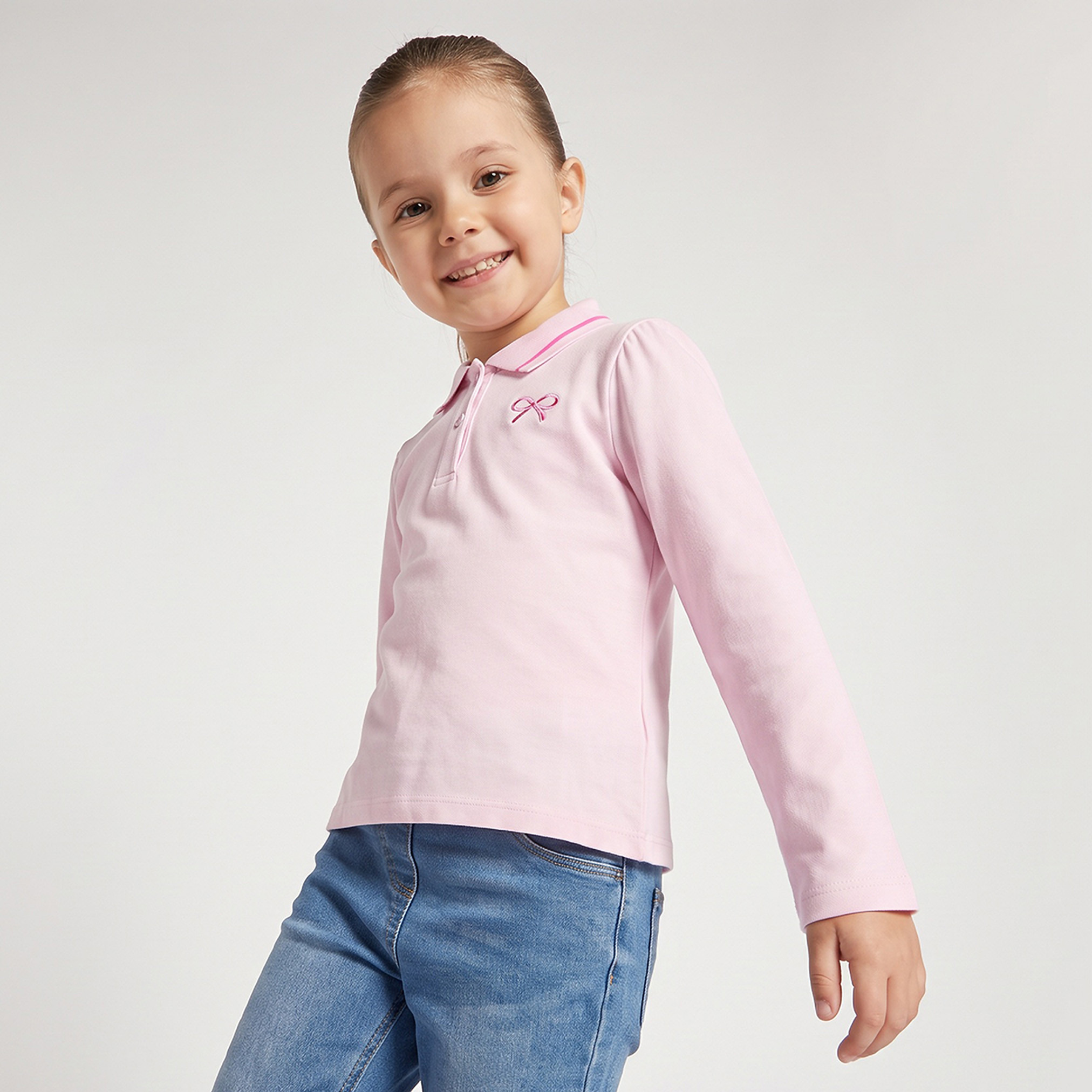 Juniors Collared Long Sleeves Polo T-shirt with Bow Embroidery-girls-clothing-tshirts-image-4
