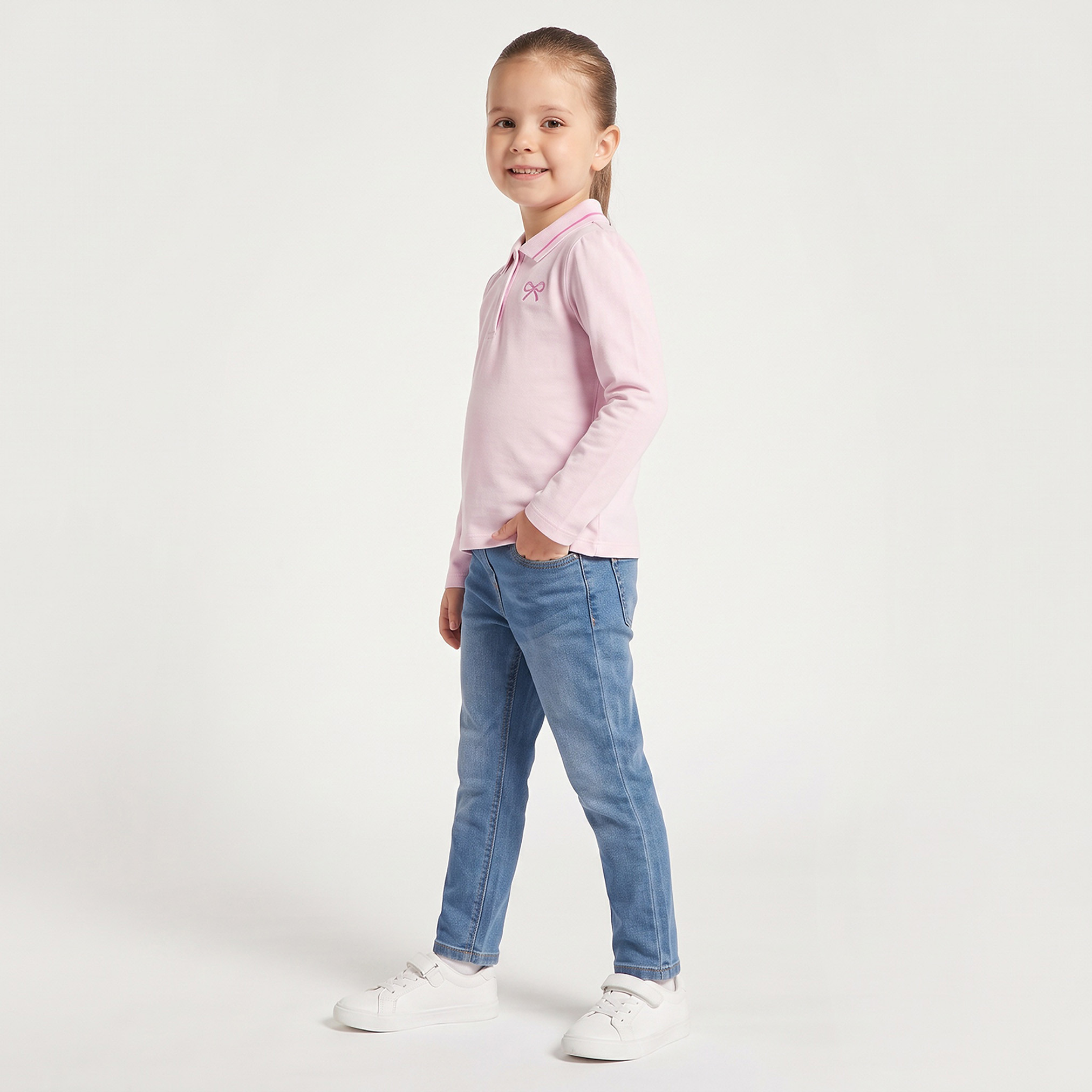 Juniors Collared Long Sleeves Polo T-shirt with Bow Embroidery-girls-clothing-tshirts-image-7