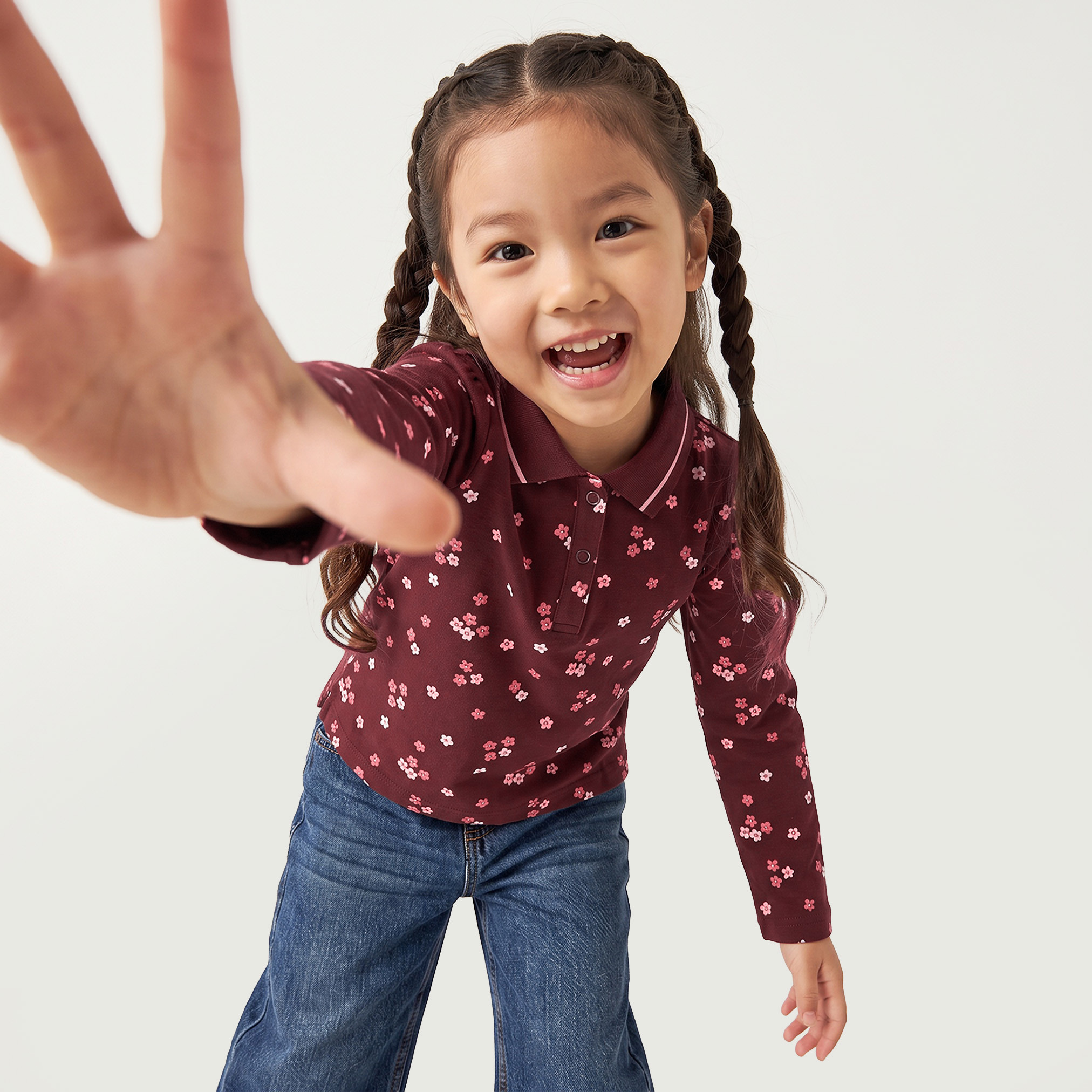 Juniors Collared Long Sleeves Polo T-shirt with Floral Print-girls-clothing-tshirts-image-2