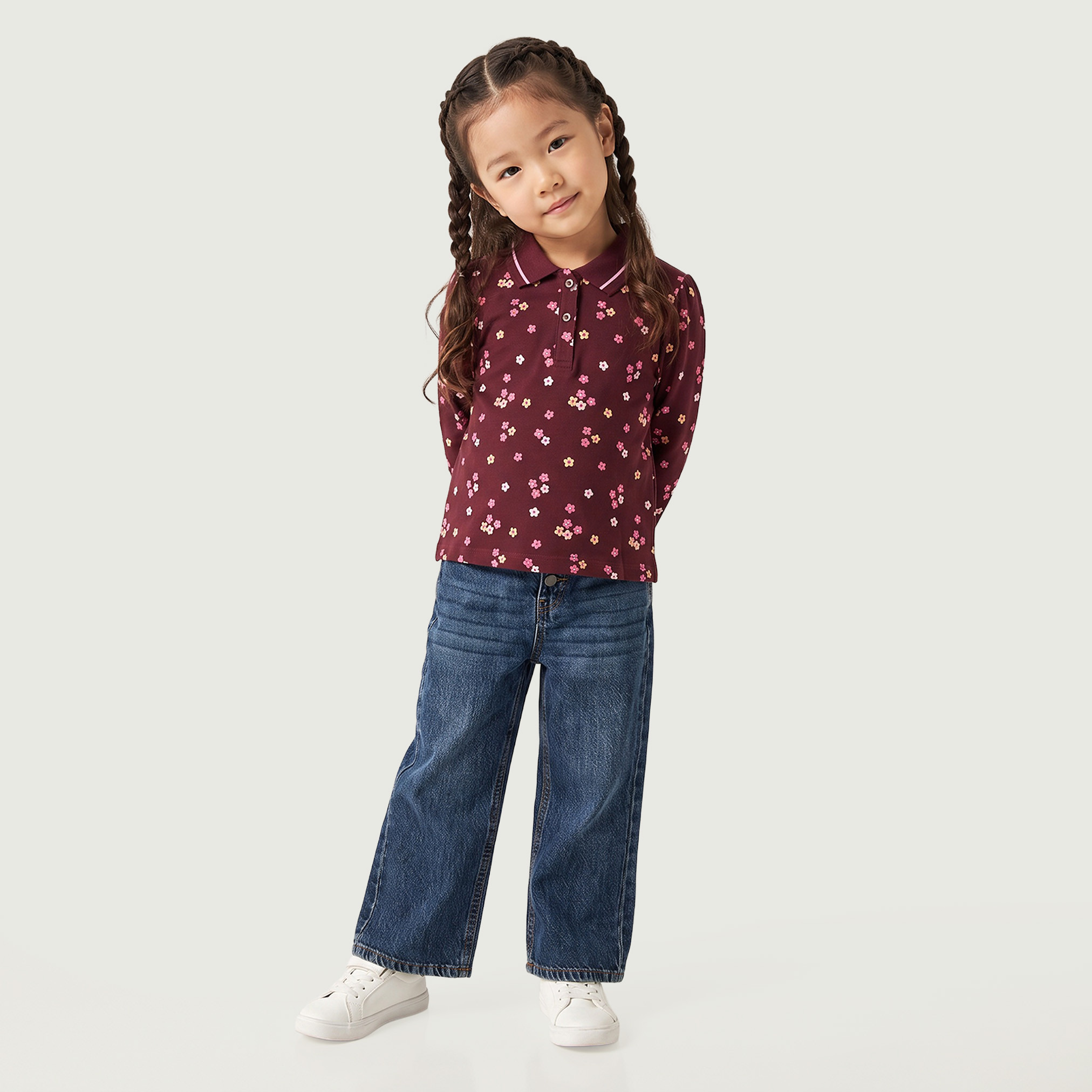 Juniors Collared Long Sleeves Polo T-shirt with Floral Print-girls-clothing-tshirts-image-1
