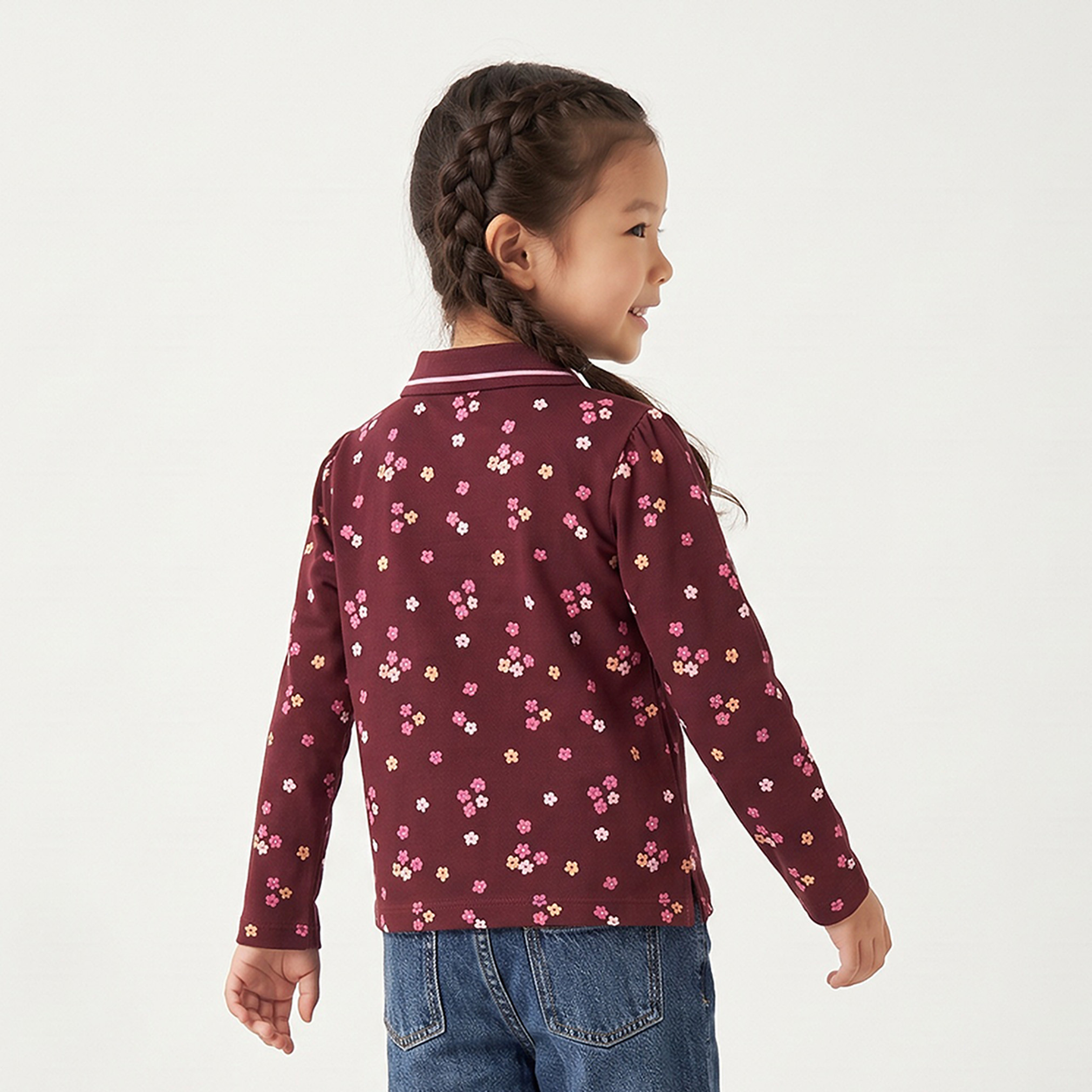 Juniors Collared Long Sleeves Polo T-shirt with Floral Print-girls-clothing-tshirts-image-3
