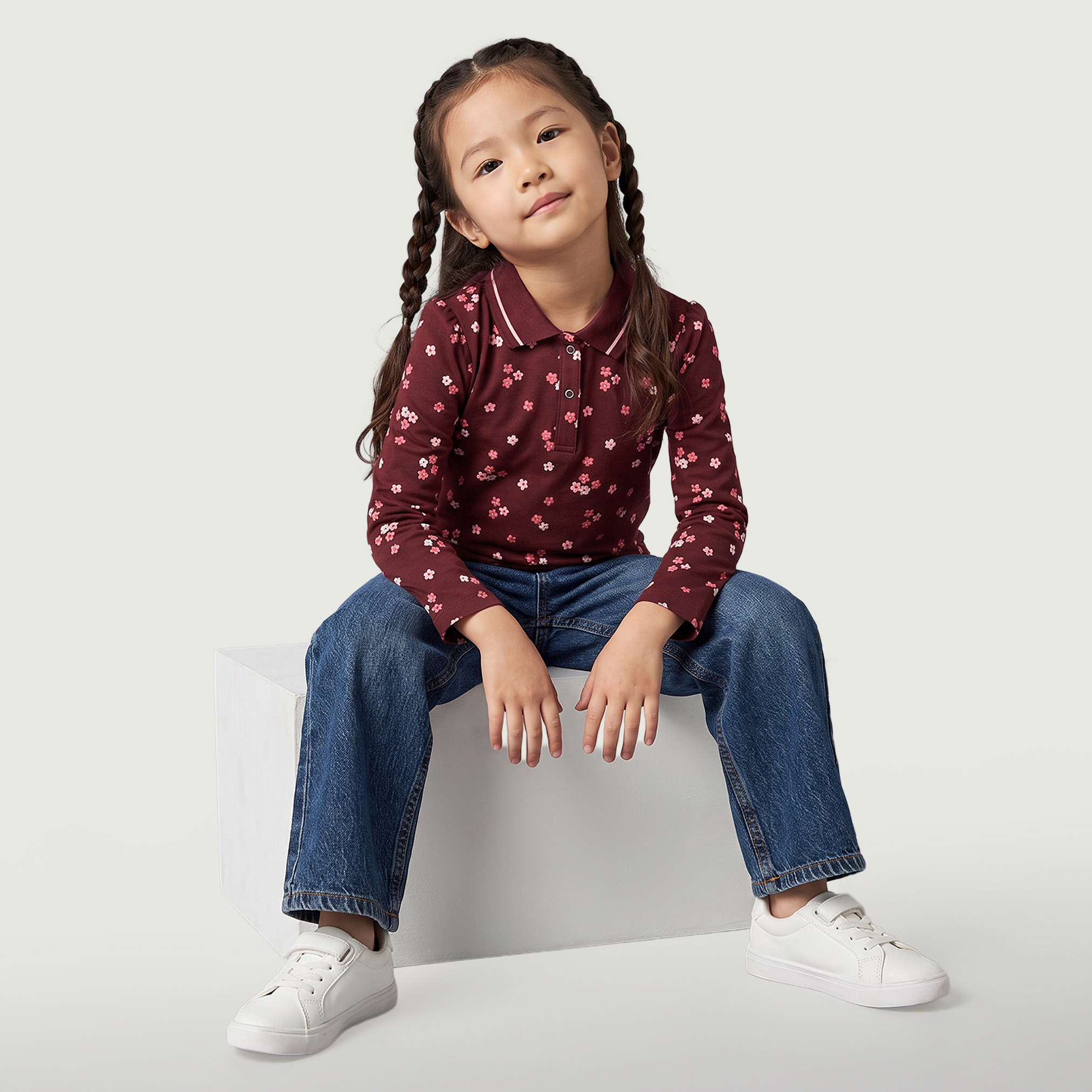 Juniors Collared Long Sleeves Polo T-shirt with Floral Print-girls-clothing-tshirts-image-4