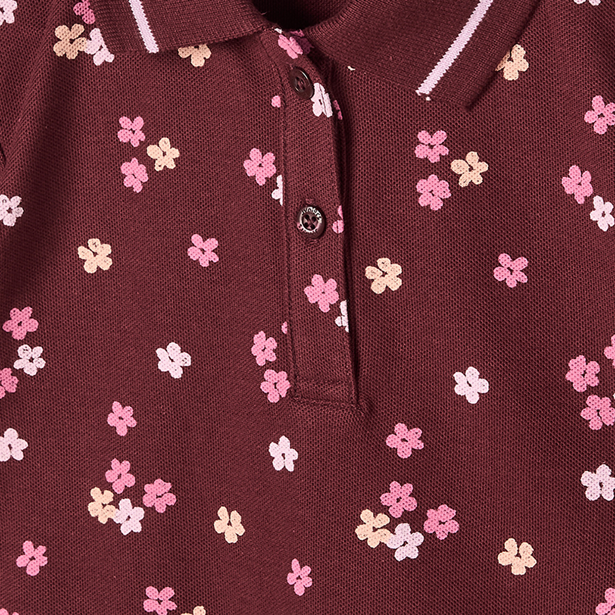 Juniors Collared Long Sleeves Polo T-shirt with Floral Print-girls-clothing-tshirts-image-5