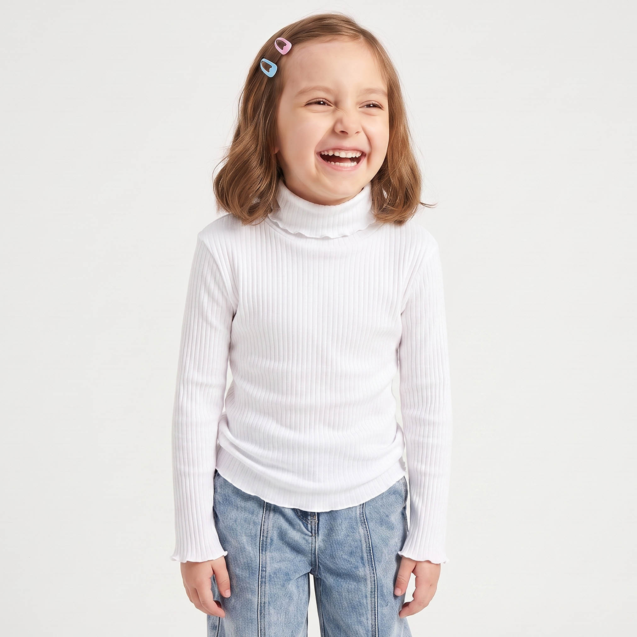 تيشيرت مضلع بياقة عالية وأكمام طويلة من جونيورز-girls-clothing-tshirts-image-1