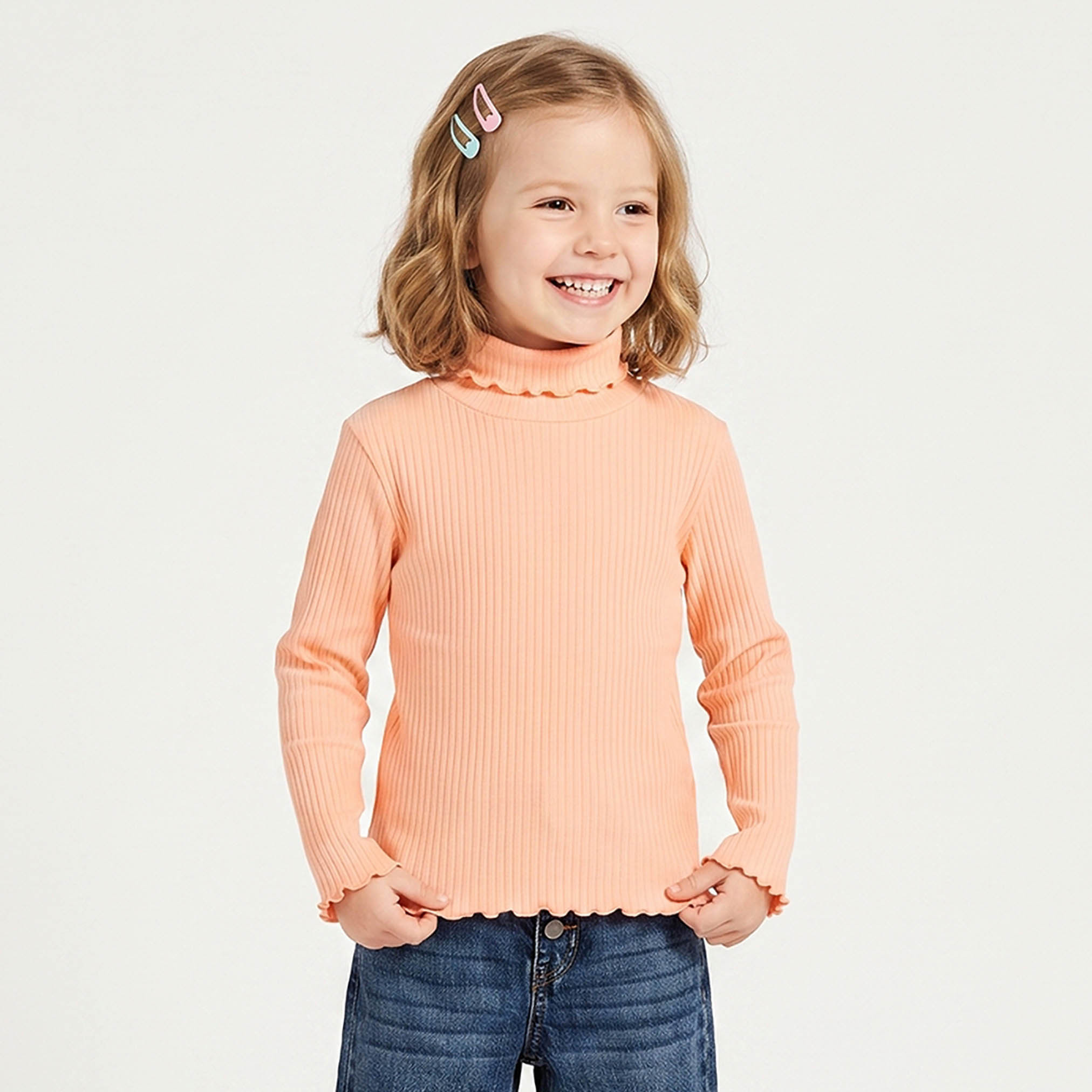 تيشيرت مضلع بياقة عالية وأكمام طويلة من جونيورز-girls-clothing-tshirts-image-1