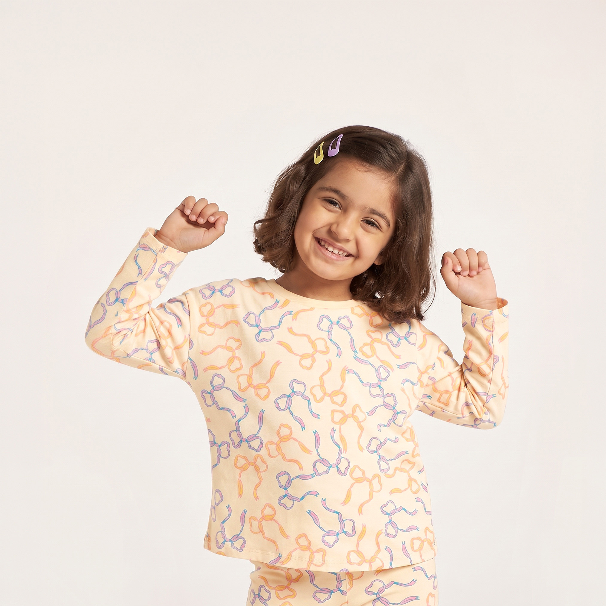 Juniors Crew Neck Long Sleeves T-shirt with Bow Print-girls-clothing-tshirts-image-1