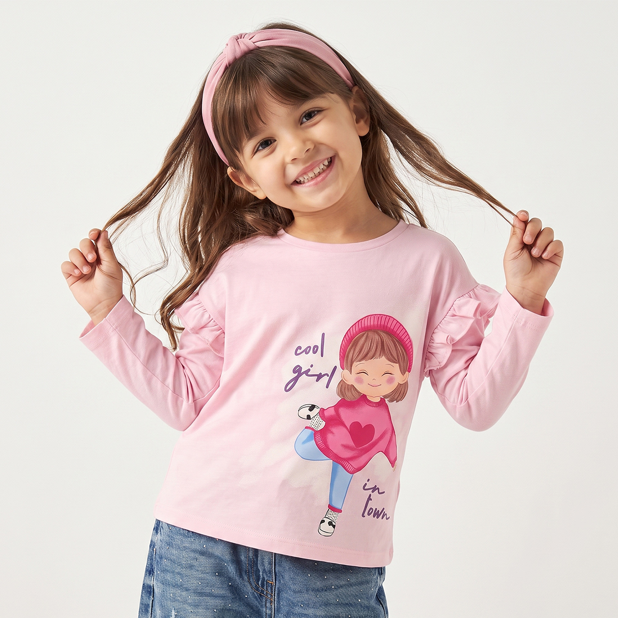تيشيرت بأكمام طويلة وياقة مستديرة بطبعات جرافيك من جونيورز-girls-clothing-tshirts-image-1