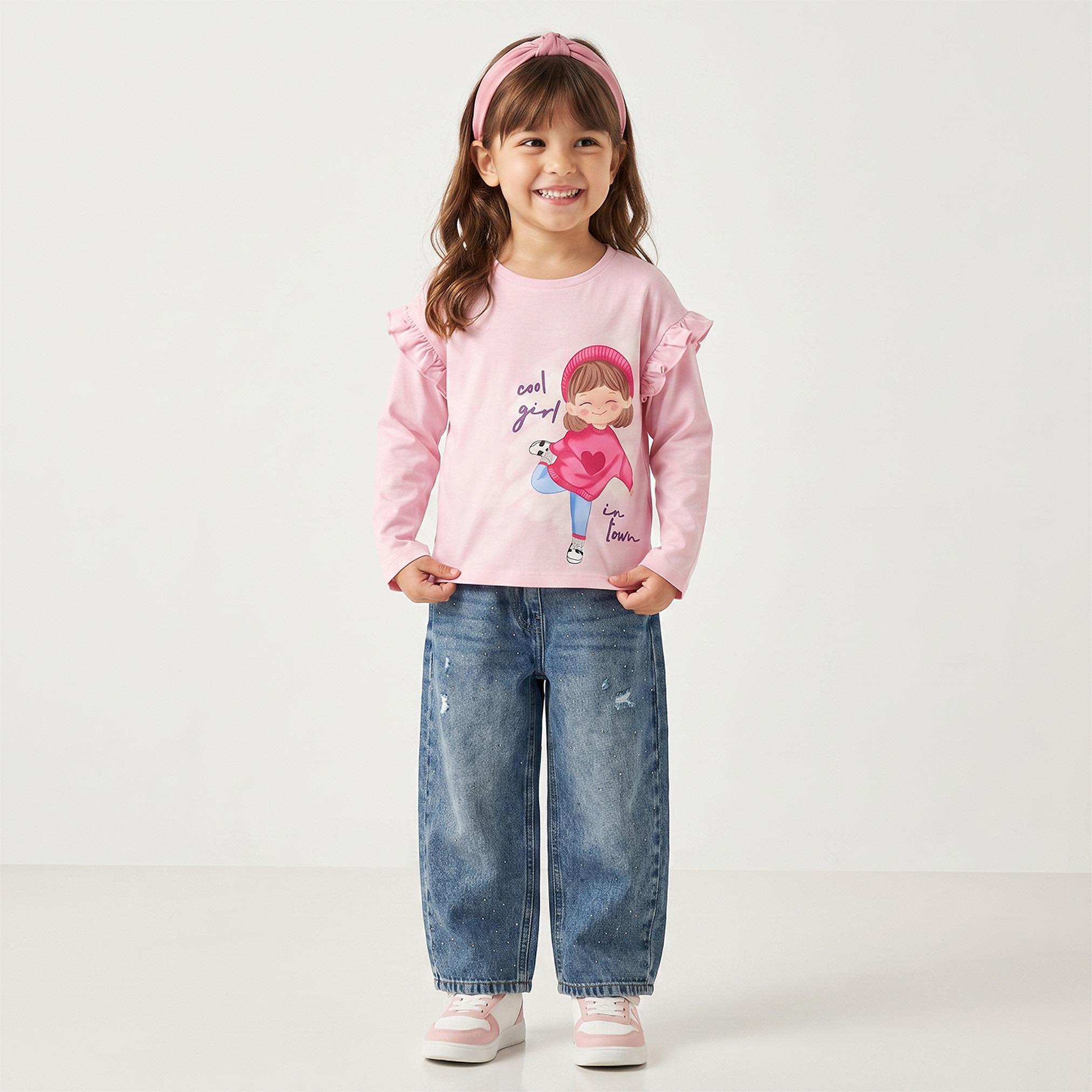تيشيرت بأكمام طويلة وياقة مستديرة بطبعات جرافيك من جونيورز-girls-clothing-tshirts-image-2
