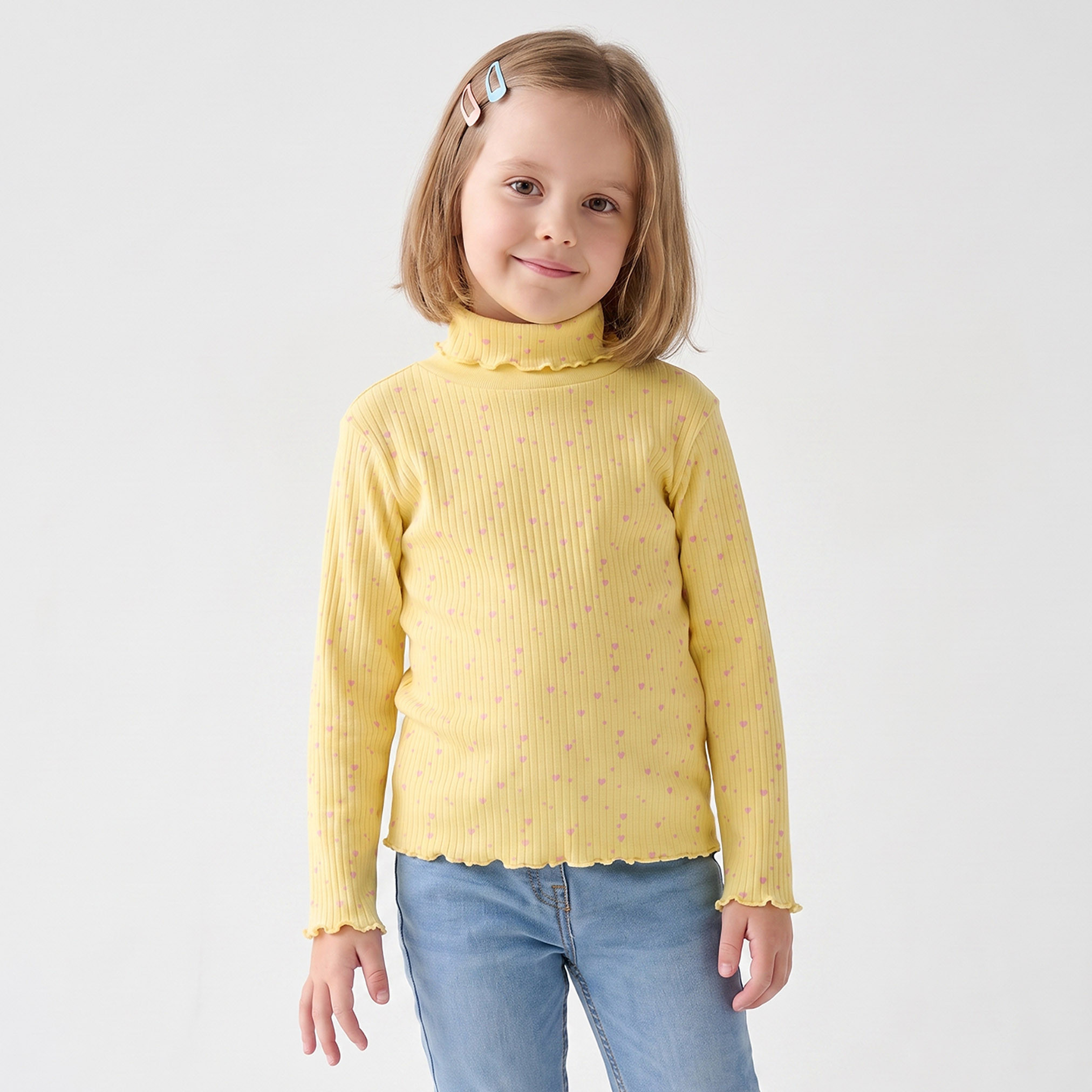 Juniors Turtleneck Long Sleeves T-shirt with Ribbed Design-girls-clothing-tshirts-image-1