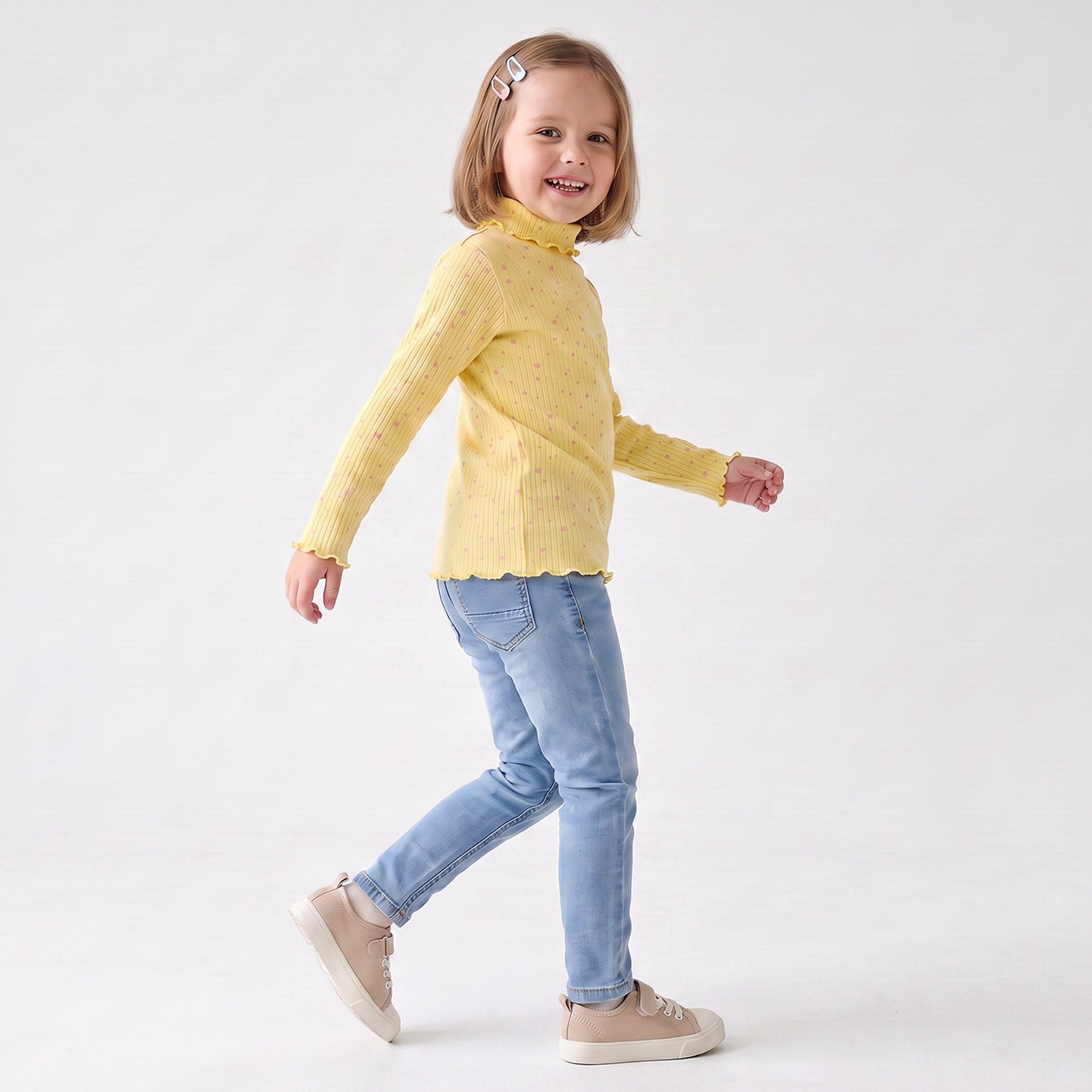 Juniors Turtleneck Long Sleeves T-shirt with Ribbed Design-girls-clothing-tshirts-image-4