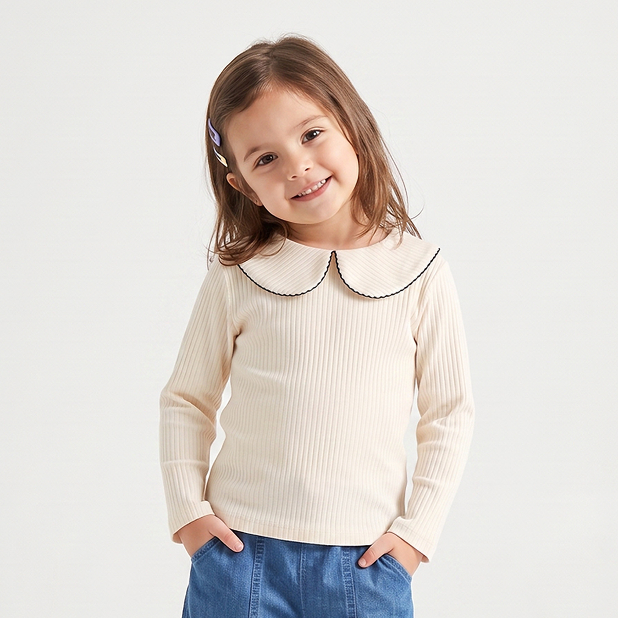 Juniors Peter Pan Collar Long Sleeves Top with Ribbed Texture-girls-clothing-tshirts-image-1